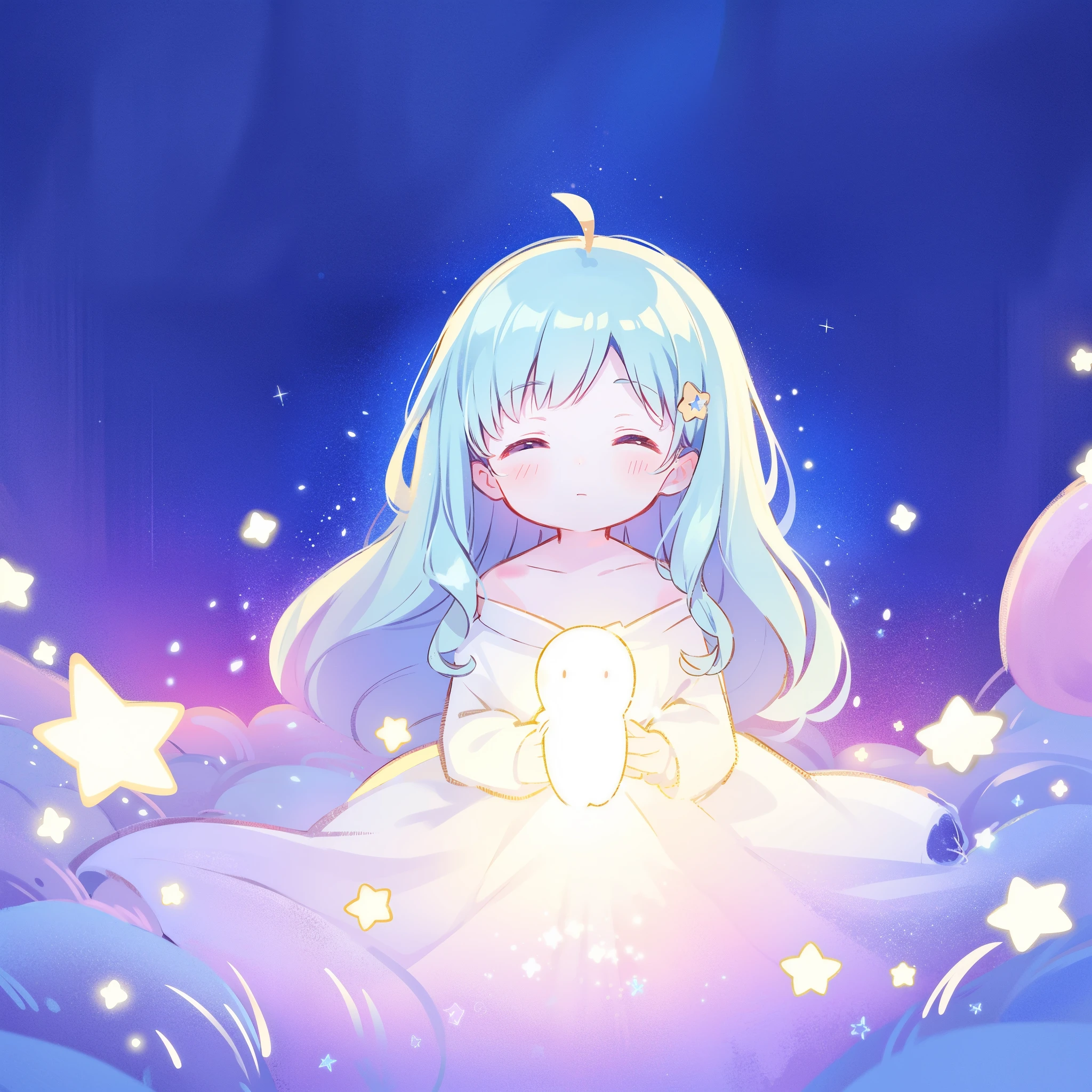 complex background, wishing star background, light blue hair, a woman wearing an ethereal mystical pink translucent dress that reflects the stars, dreamy, peaceful, serene composition, glowing stars, glowing, complex drawing, highly detailed, ethereal, starry night, midjourney style