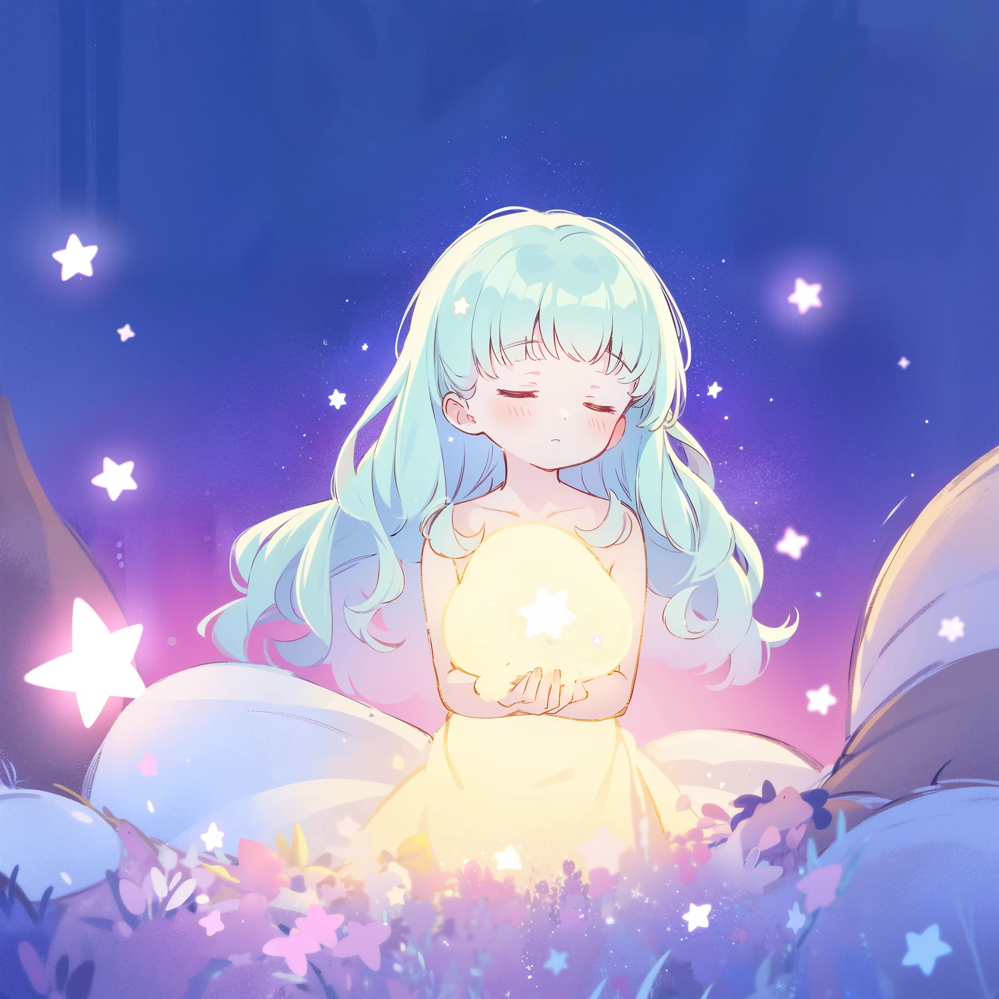 complex background, wishing star background, light blue hair, a woman wearing an ethereal mystical pink translucent dress that reflects the stars, dreamy, peaceful, serene composition, glowing stars, glowing, complex drawing, highly detailed, ethereal, starry night, midjourney style