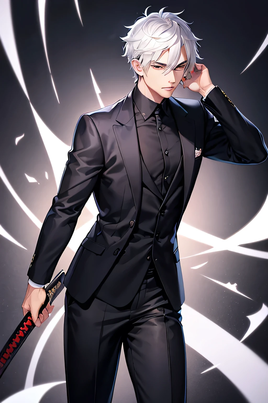 Black suit, man, wearing Kabuki masterpiece, with a katana on the back. A handsome man with slight muscles. Black jeans, Neat suit Short white hair, cool, black background with a little bit of light, realistic Handsome Kabuki, wearing a Kabuki face, standing with many people.