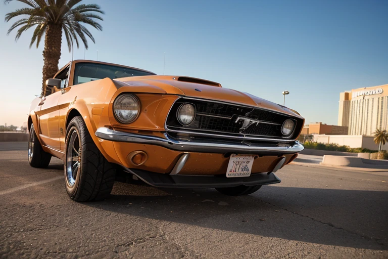 low angle artistic photo of a classic orange mustang car parked on the Las Vegas strip at sunrise