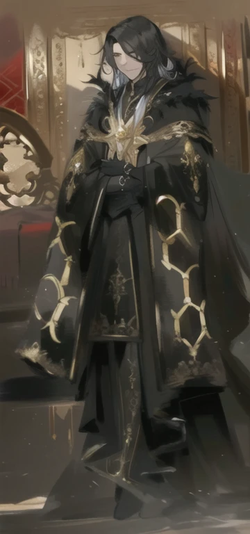 a painting of a man in a black robe and a black cape, in dark robes with gold accents, dark ornate royal robes, noble elf male in black robes, ((wearing aristocrat robe)), wearing a black noble suit, ornate robes, black robes, ornate flowing robes, by Yang J, robe. extremely high details, picture of a male cleric