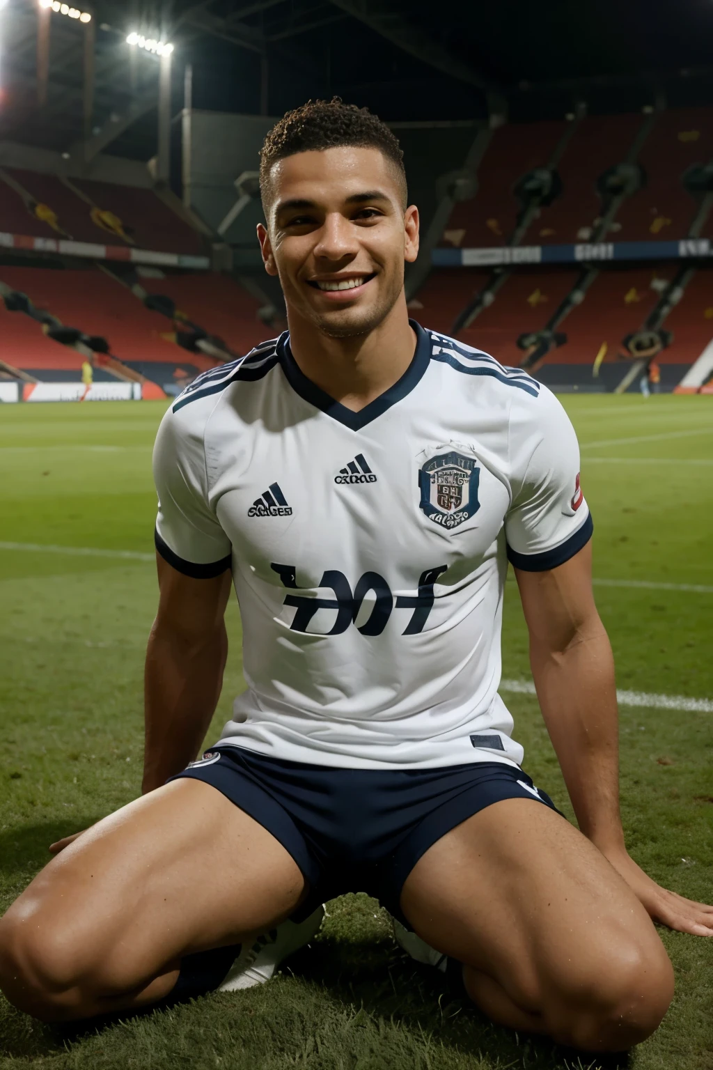 Jogador de futebol branco, com cabelo curto, comemorando um gol dentro de campo, com a camisa do manchester united vermelha, ele esta sorrindo e muito feliz
