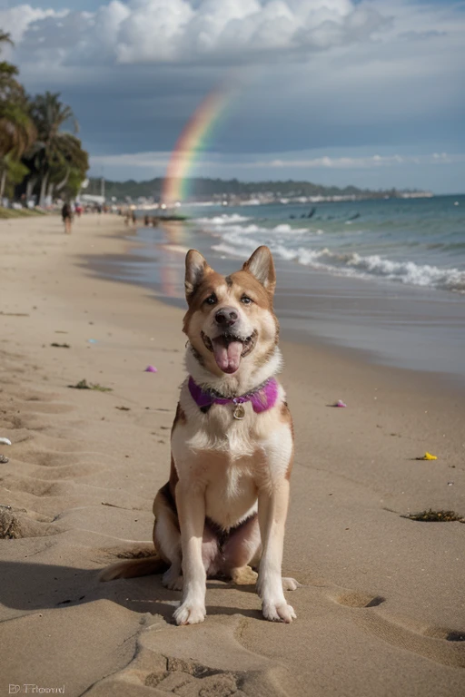 Perro nadando en mar de arcoiris