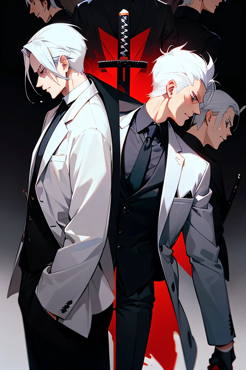 black suit man black jeans Katana on back, kabuki face, short hair, handsome. Masterpiece, tied white hair, man, suit, katana on the back, kabuki face.only black suit Black jeans, background, six or seven men in suits standing behind.