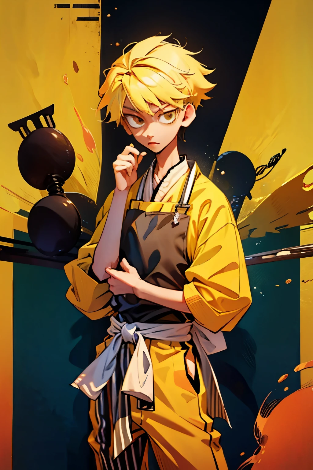 1kpop boy, slim body,fade cuted side yellow hair(hunter style), wears chef clothes yellow stripe upper, more sexier