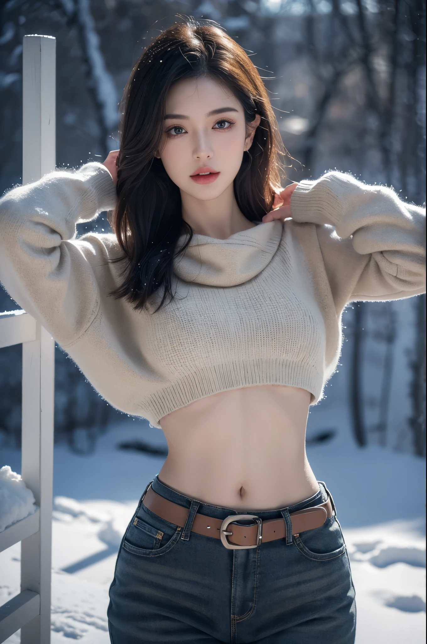 a girl in cold winter, exposed midriff cropped sweater, completely bare abdomen, low waist pants, leather belt, sensual, beautiful detailed eyes, beautiful detailed lips, extremely detailed eyes and face, long eyelashes, 1girl, illustration, oil painting, 3D render, photography, winter scenery, snowy landscape, cold atmosphere, warm lighting, cinematic lighting, dramatic lighting, muted colors, cool tones, (best quality,4k,8k,highres,masterpiece:1.2),ultra-detailed,(realistic,photorealistic,photo-realistic:1.37),HDR,UHD,studio lighting,ultra-fine painting,sharp focus,physically-based rendering,extreme detail description,professional,vivid colors,bokeh