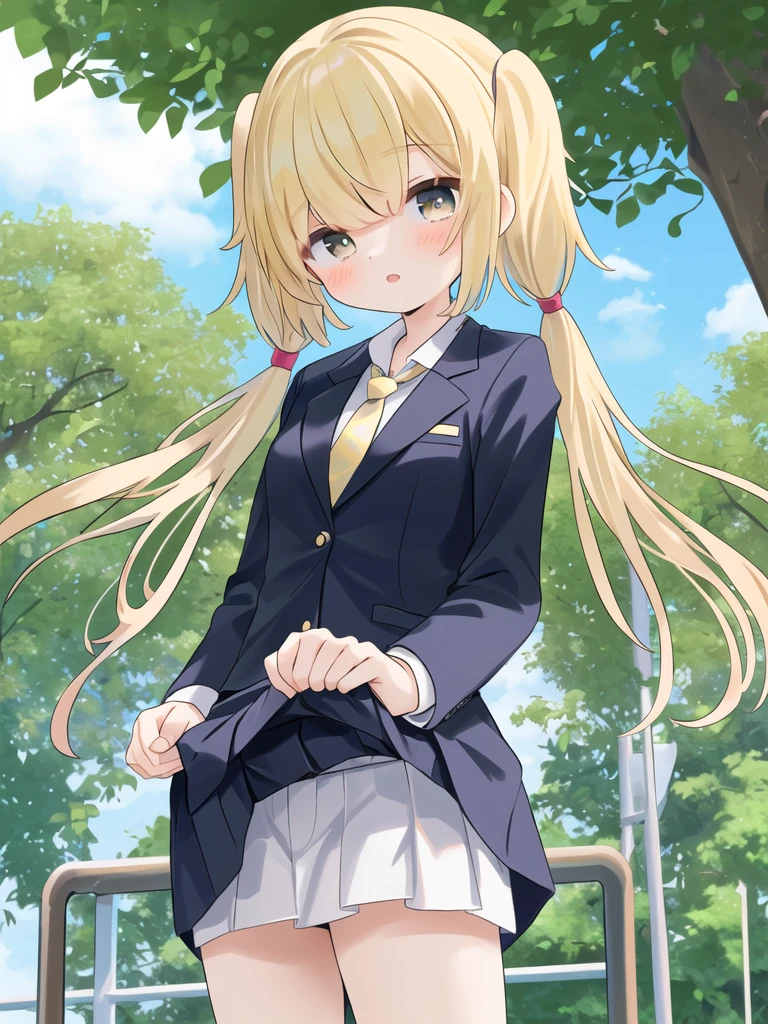 、girl、Blonde、Pigtails、Lift your bangs、Tree Eyes、blazer、tie、skirt