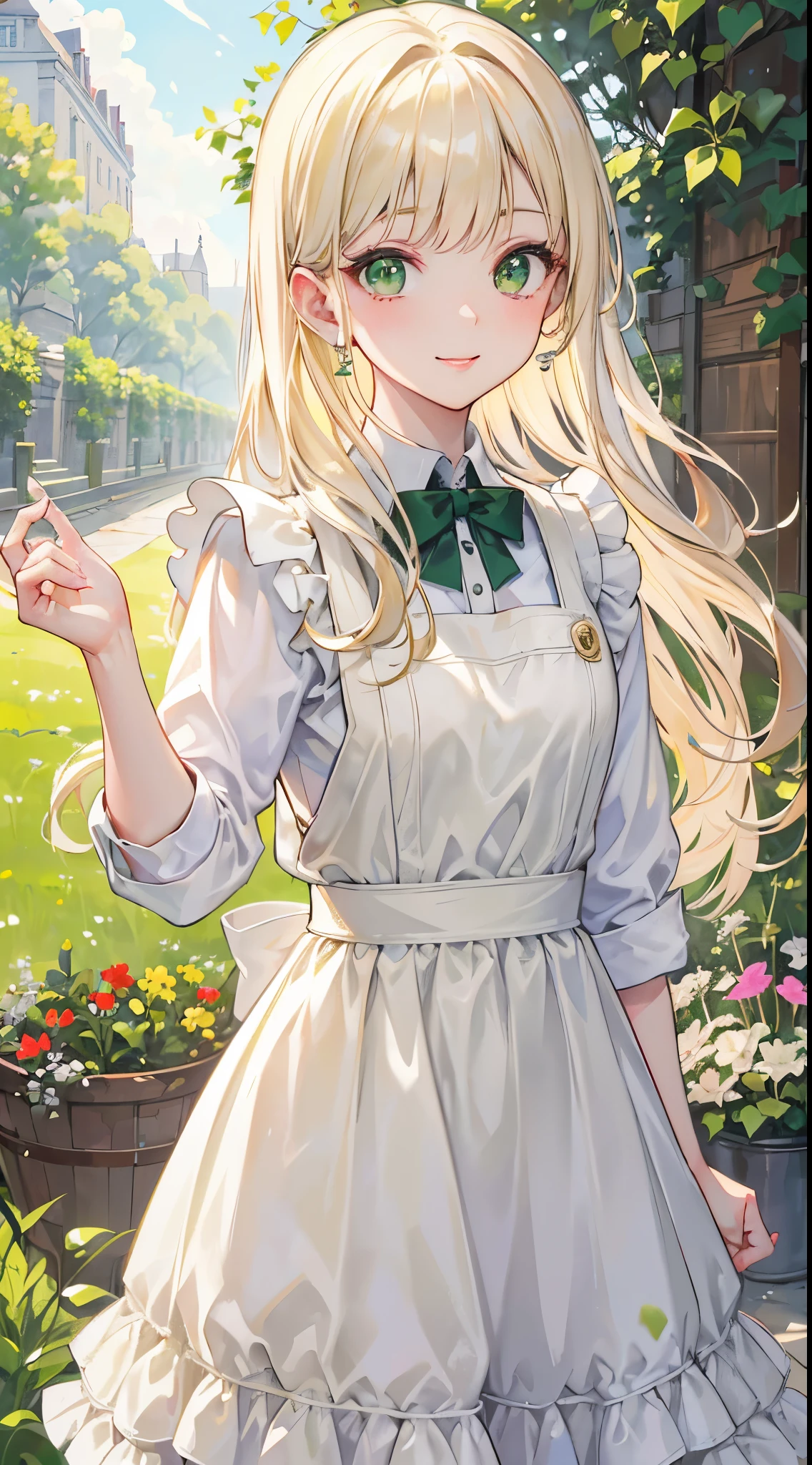 masterpiece, highest quality, Super detailed, Beautiful lighting, With a girl, White apron, blonde, (Green Eyes: 1.3), Are standing, Parks are prohibited, Beautiful views, Mild hot flashes, smile, (cute smile: 1,1), (Bright lips: 1,1), (Beautiful Eyes: 1,1), Long-haired, Harvesting herbs in the garden, Platinum blonde