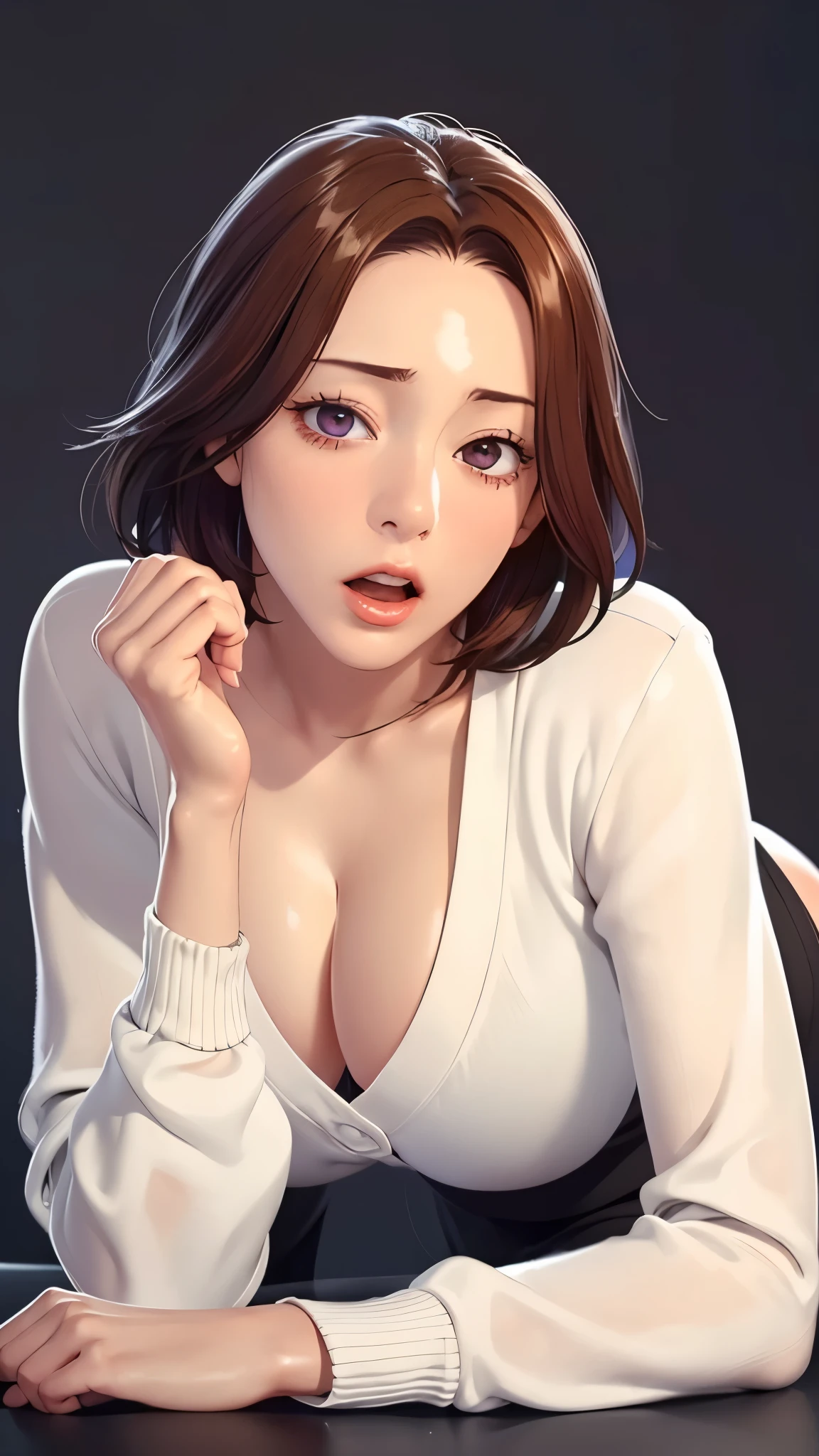 （（（完美figure，figure，solo， White and tender skin，（（（Cyberpunk，Black dress，White cardigan sweater, ））），（（（junescdef,brown hair,purple eyes,medium hair，））），((masterpiece)),high resolution, ((Best quality at best))，masterpiece，quality，Best quality，（（（ Exquisite facial features，Looking at the audience,There is light in the eyes，(（（lol，Happy，））），））），（（（Light and shadow，Huge breasts））），（（（Looking at the camera，black background，Lying on the ground，Look down at the camera，From below，Looking up)）））