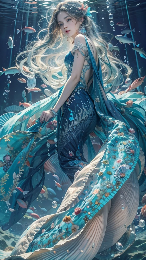 (RAW shooting, 32k:1.5, highest quality, masterpiece, Ultra-high resolution), (Deep sea at night:1.0, Dramatic moonlight:0.7, Mysterious underwater world:1.3, Expressions of sadness:1.0), Side Shot, Fractal Art:1.3, Perfect dynamic composition:1.3, Very detailedな肌と顔の質感:1.2, Dynamic flow of water waves:1.3, Beautiful shell and coral decoration, Surrounded by lots of colorful fish, Rich underwater vegetation, (The subject is being viewed from a distance:1.3, Slim mermaid figure:1.0, Shimmering Scales, Mermaid tail:0.5), elegant and sophisticated, Fair skin, Incredibly slim body:0.8, Very beautiful face, Water droplets on the skin, Very accurate, Very detailed, Gorgeous blue shiny mermaid dress portrait:0.8, Big eyes that exude beauty, Beautiful big lips,, Unreal atmosphere, necklace, Earrings, bracelet