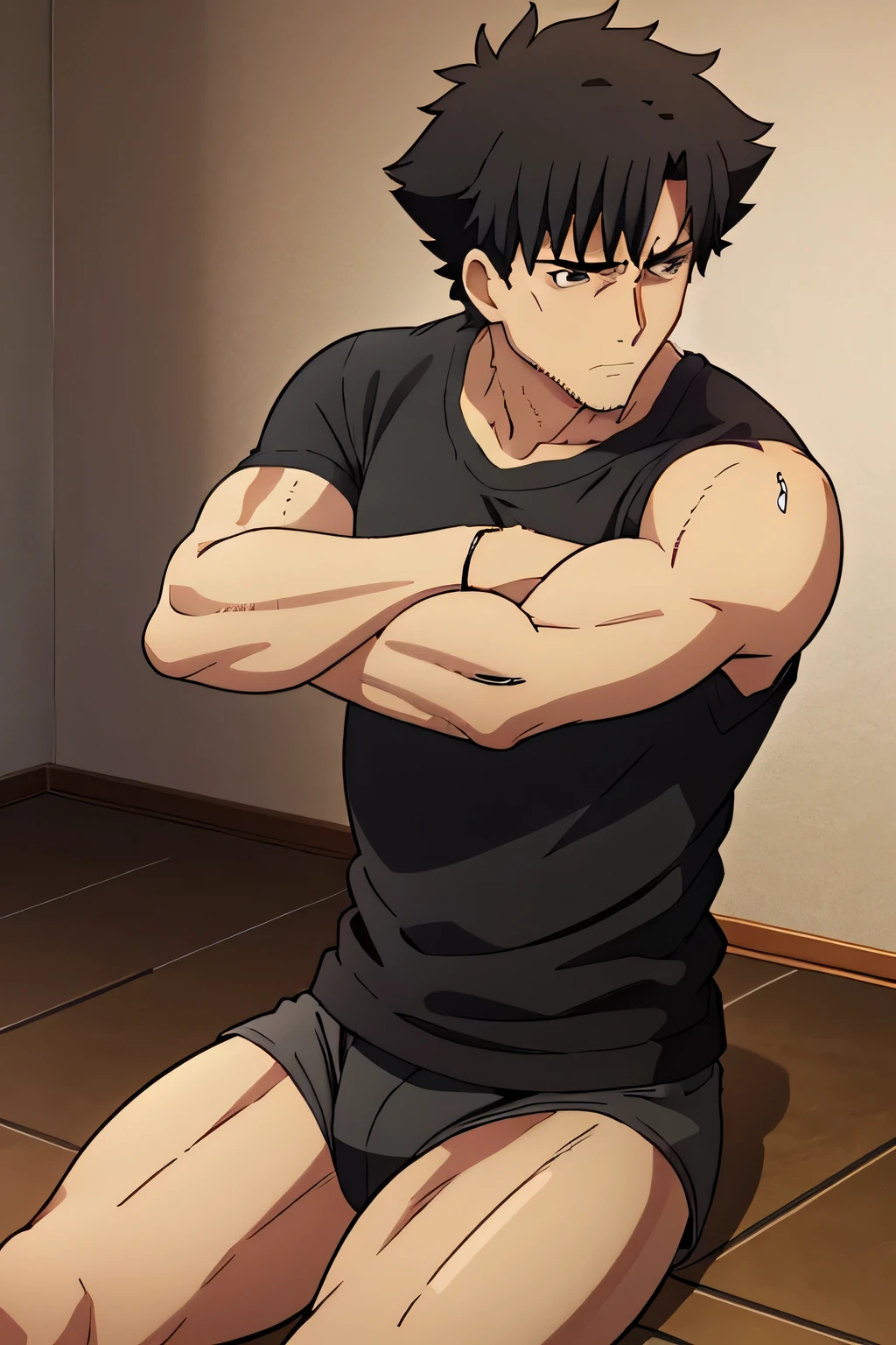 Kiritsugu is sitting and flexing his biceps and abs. He wears black short boxershorts. You can see his thighs. He looks annoyed. He has bulging veins on his arms. He wears a black tshirt with short sleeves. His right sleeve is completely rolled up so you can see his entire arm and shoulder. He is showing his abs too.