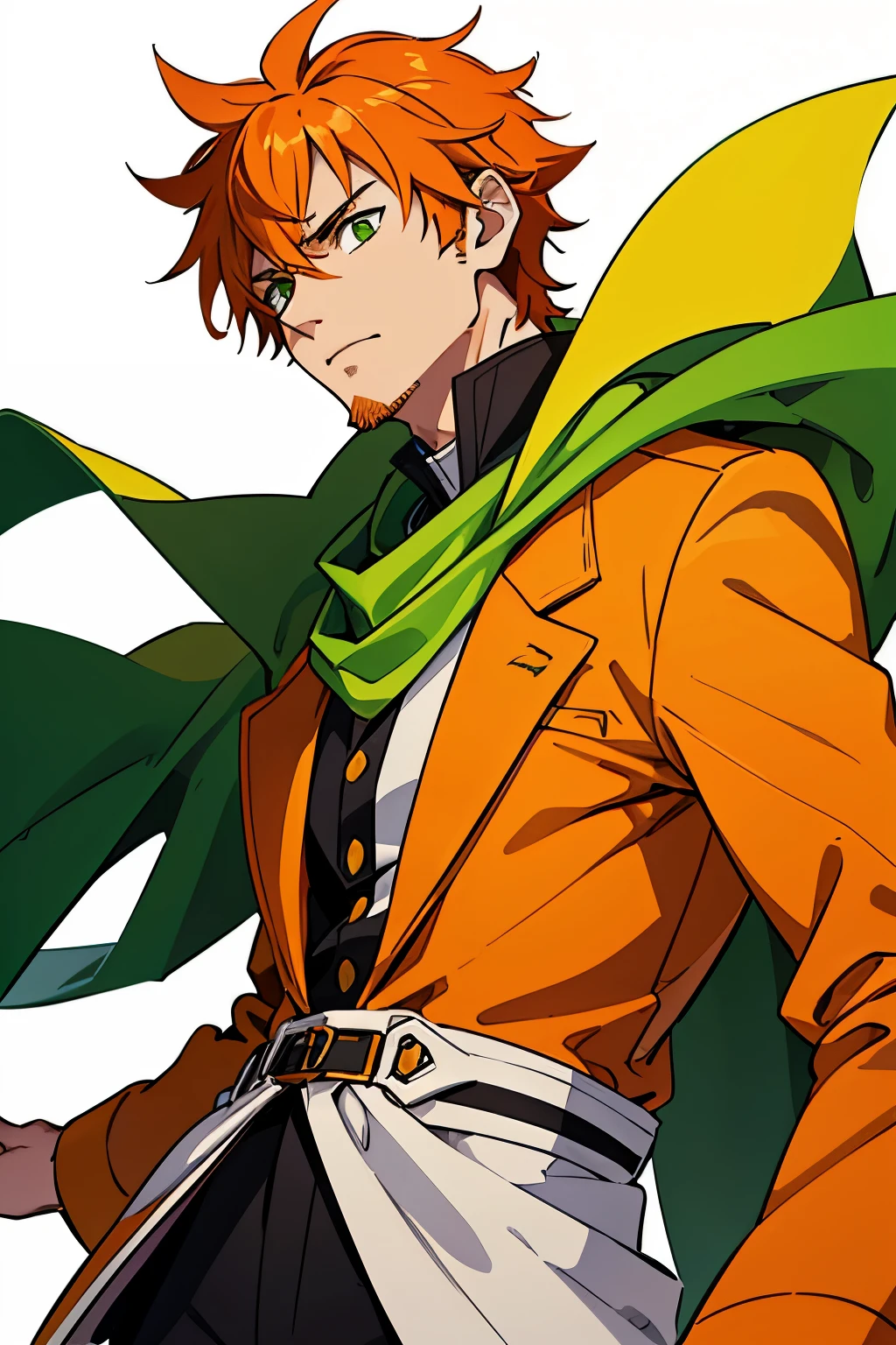 A male character with spiky, medium-length orange hair, green eyes, orange goatee with sideburns, wearing a green coat with yellow accents over a white shirt and an orange scarf or cravat, in a serious and contemplative pose, drawn in an anime style with a minimalistic white background and green specks,.