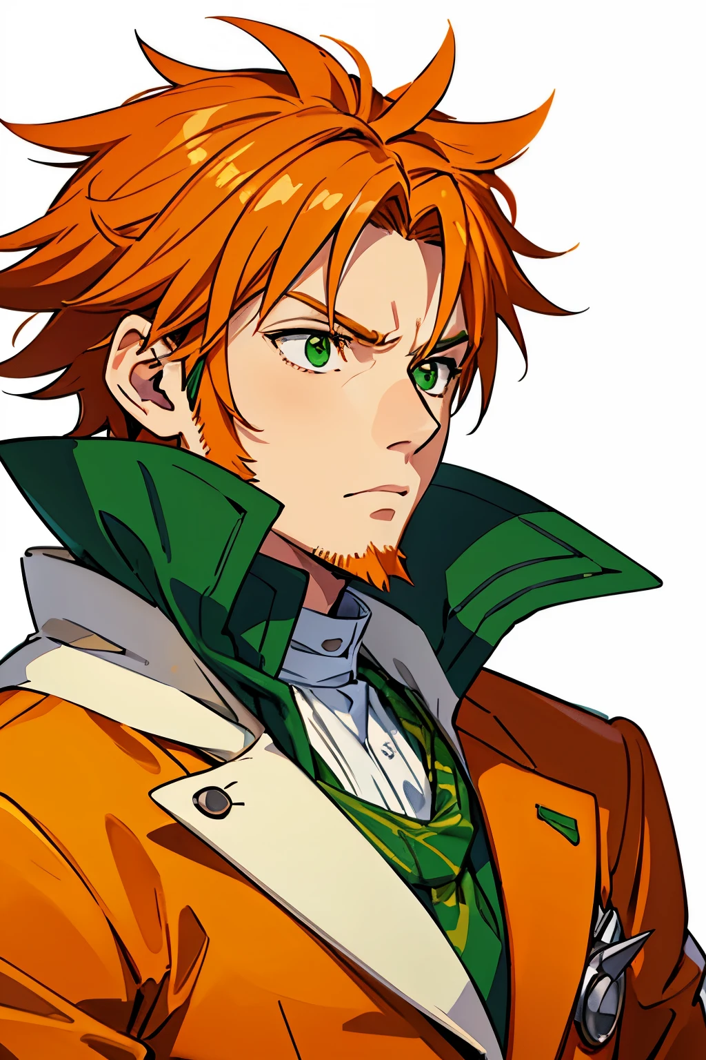 A male character with spiky, medium-length orange hair, green eyes, orange goatee with sideburns, wearing a green coat with yellow accents over a white shirt and an orange scarf or cravat, in a serious and contemplative pose, drawn in an anime style with a minimalistic white background and green specks,.