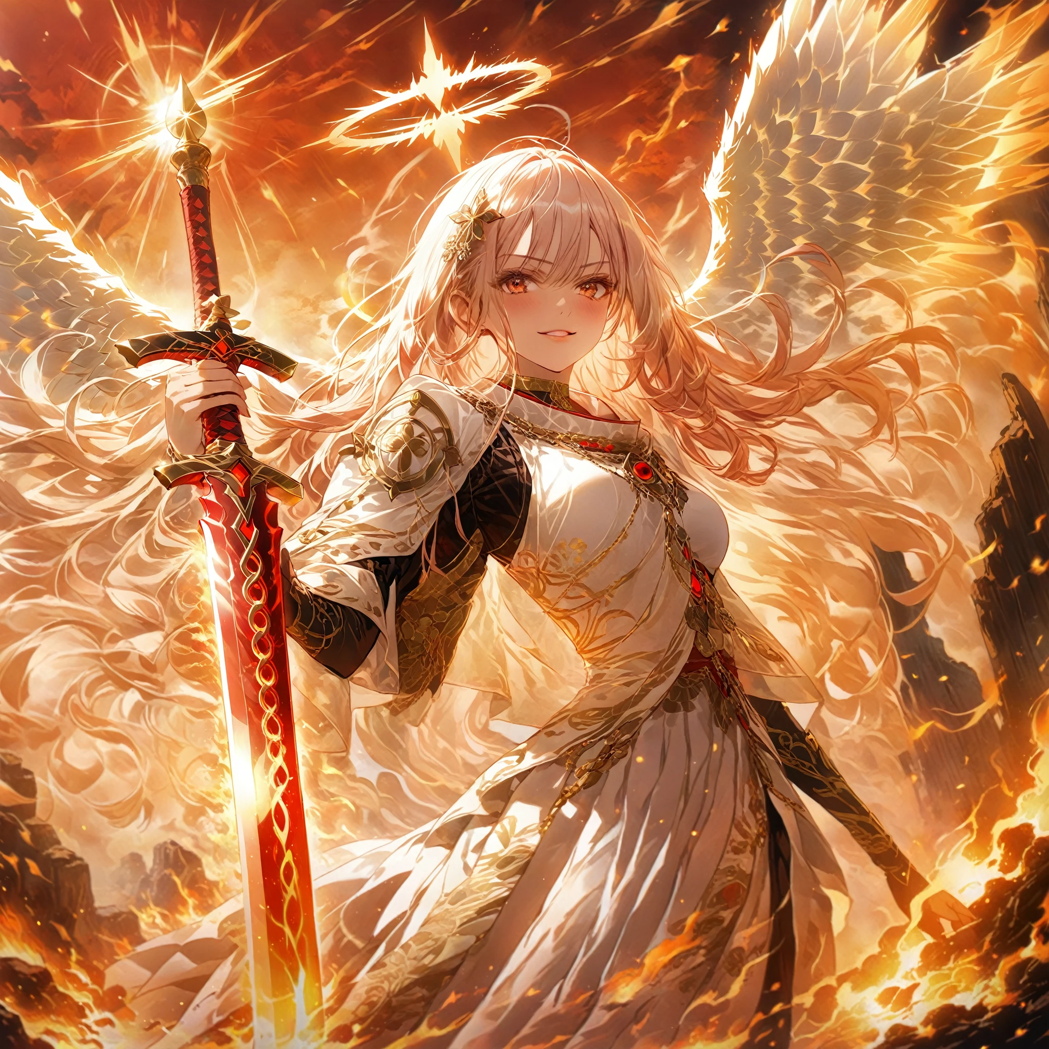 score_9, score_8_up, score_7_up, source_anime,masterpiece, best quality, high resolution, extremely detailed CG, absurdres, 1girl, A majestic angel girl stands by her six fiery wings spread wide behind her. She wears intricately detailed armor that glistens in the warm, golden light of a mystical landscape. Her dominant hand grasps the hilt of a gleaming sword, its blade etched with ancient runes. In a sweeping shot, emphasizing her regal presence and fiery aura, sworw of fire, red_sword, white_hair, long hair, fire arounded, ((halo)), ((6 wings)), glaring, ((burning heaven,burning clouds)),fire element, red_theme