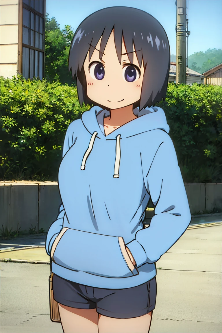 Kyoto animation, female, short hair, pony, black hair, dark blue eye, cute face, thick eyebrows, big breast, sexy butt, slim body, sexy thigs, blue and white hoodie, short pants above thigs, brave smile, 90s style, 
