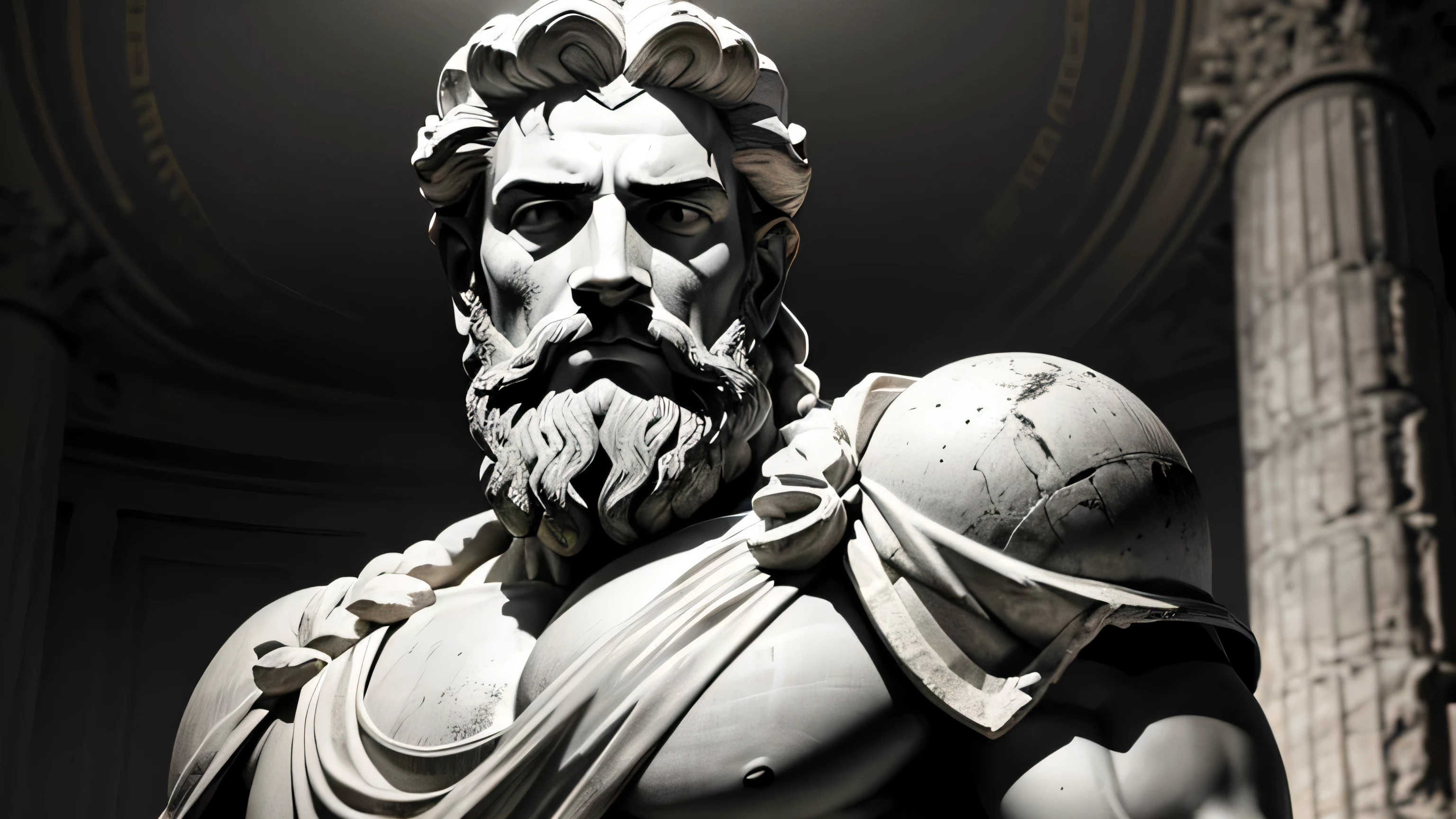 A dark landscape image of an ancient greek society deeply connected to stoicism, black and white, ancient greek architecture, include one single big statue of a stereotypical strong greek man, marcus aurelius
