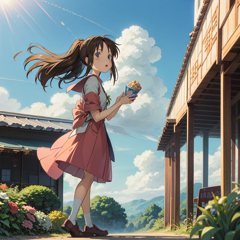 90s anime，beautiful girl，1 Girl, ((Uniforms)), road, lens flare, Japanese cartoons, Blue sky, 2d, source_Japanese cartoons, Ghibli, studio Ghibli