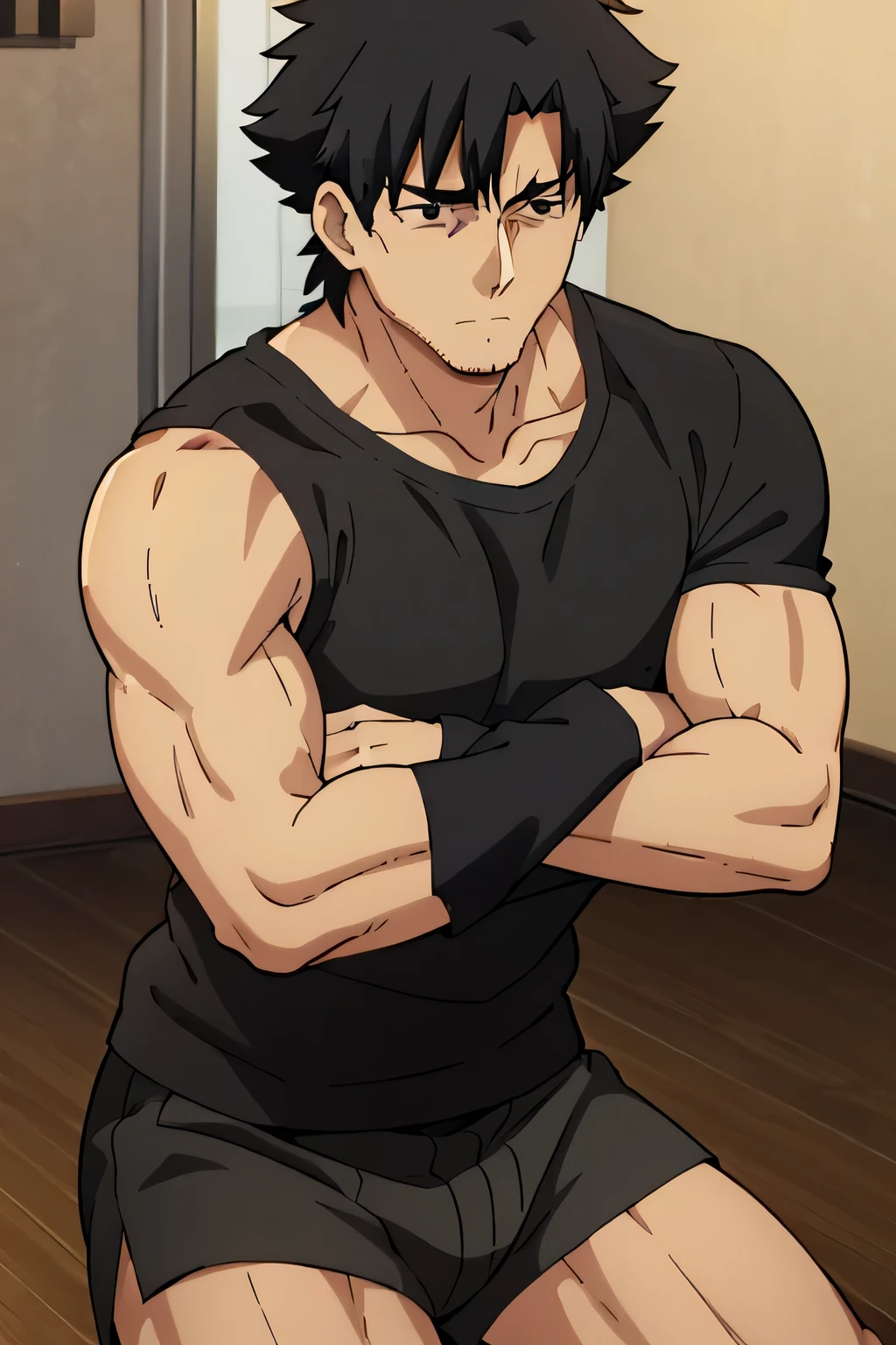 Kiritsugu is sitting and flexing his biceps and abs. He wears black short boxershorts. You can see his thighs. He looks annoyed. He has bulging veins on his arms. He wears a black tshirt with short sleeves. His right sleeve is completely rolled up so you can see his entire arm and shoulder. He is showing his abs too.
