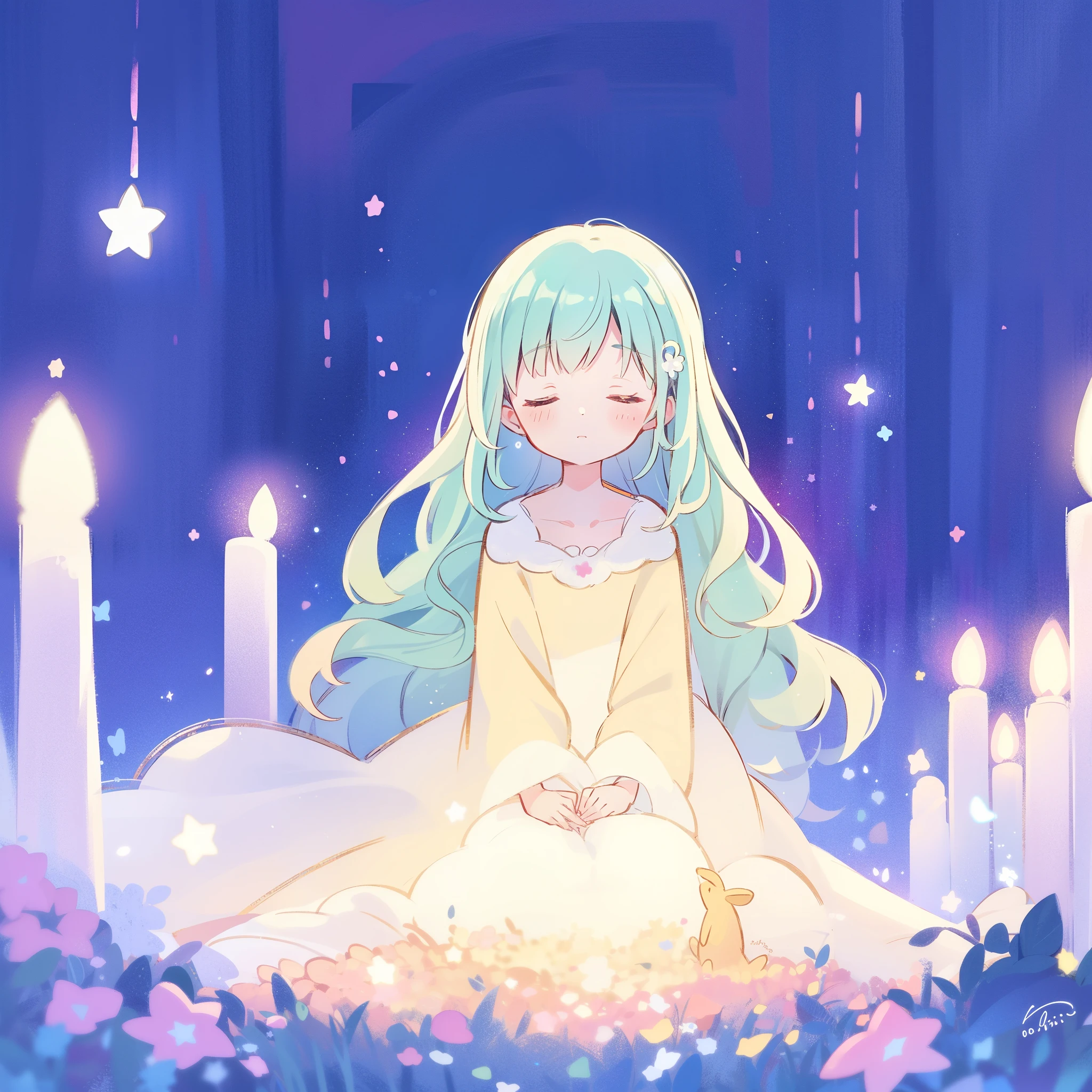 complex background, wishing star background, blue mint hair, a woman wearing an ethereal mystical pink translucent dress that reflects the stars, dreamy, peaceful, serene composition, glowing stars, glowing, complex drawing, highly detailed, ethereal, starry night, midjourney style