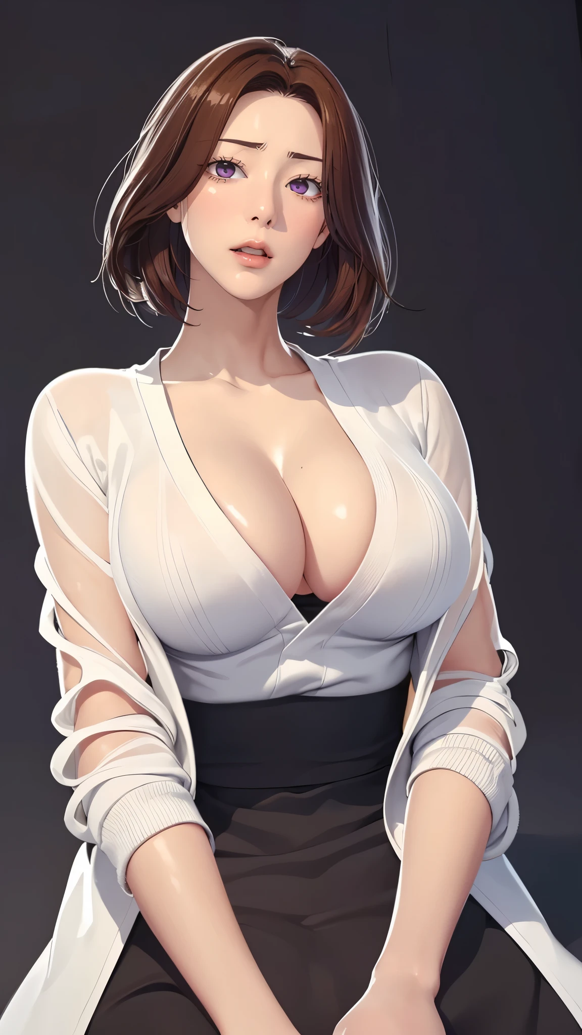 （（（完美figure，figure，solo， White and tender skin，（（（Cyberpunk，Black dress，White cardigan sweater, ））），（（（junescdef,brown hair,purple eyes,medium hair，））），((masterpiece)),high resolution, ((Best quality at best))，masterpiece，quality，Best quality，（（（ Exquisite facial features，Looking at the audience,There is light in the eyes，(（（lol，Happy，））），））），（（（Light and shadow，Huge breasts））），（（（Looking at the camera，black background，Lying on the ground，Look down at the camera，From below，Looking up)）））