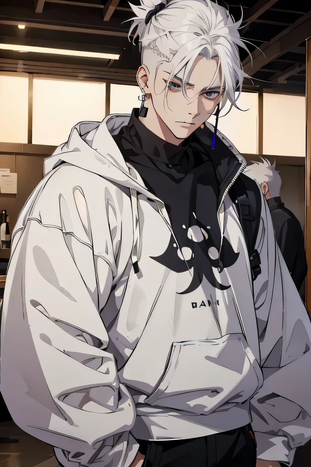 Anime man gradient young white hair low on shaved sides turns hair to the left side in the middle serious face with black earrings sweatshirt dark circles big black hair big brown hair extremely olhos azuis