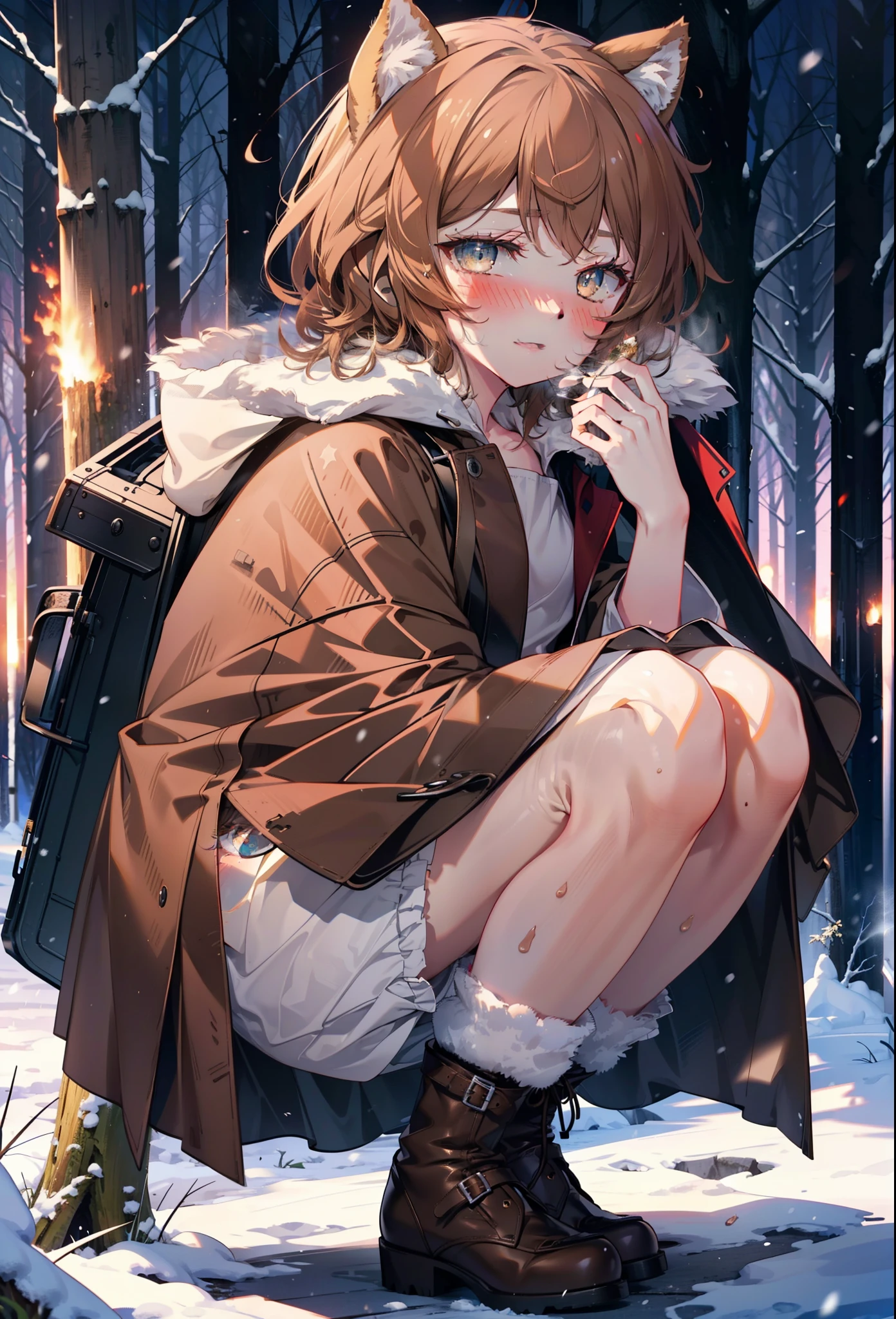 Liliru Card, Liliruca gets burned, Animal ears, (Brown eyes:1.7), Brown Hair, (Flat Chest:1.2), short hair,smile,blush,White Breath,
Open your mouth,snow,Ground bonfire, Outdoor, boots, snowing, From the side, wood, suitcase, Cape, Blurred, having meal, forest, White handbag, nature,  Squat, Mouth closed, Cape, winter, Written boundary depth, Black shoes, red Cape break looking at viewer, Upper Body, whole body, break Outdoor, forest, nature, break (masterpiece:1.2), highest quality, High resolution, unity 8k wallpaper, (shape:0.8), (Beautiful and beautiful eyes:1.6), Highly detailed face, Perfect lighting, Extremely detailed CG, (Perfect hands, Perfect Anatomy),