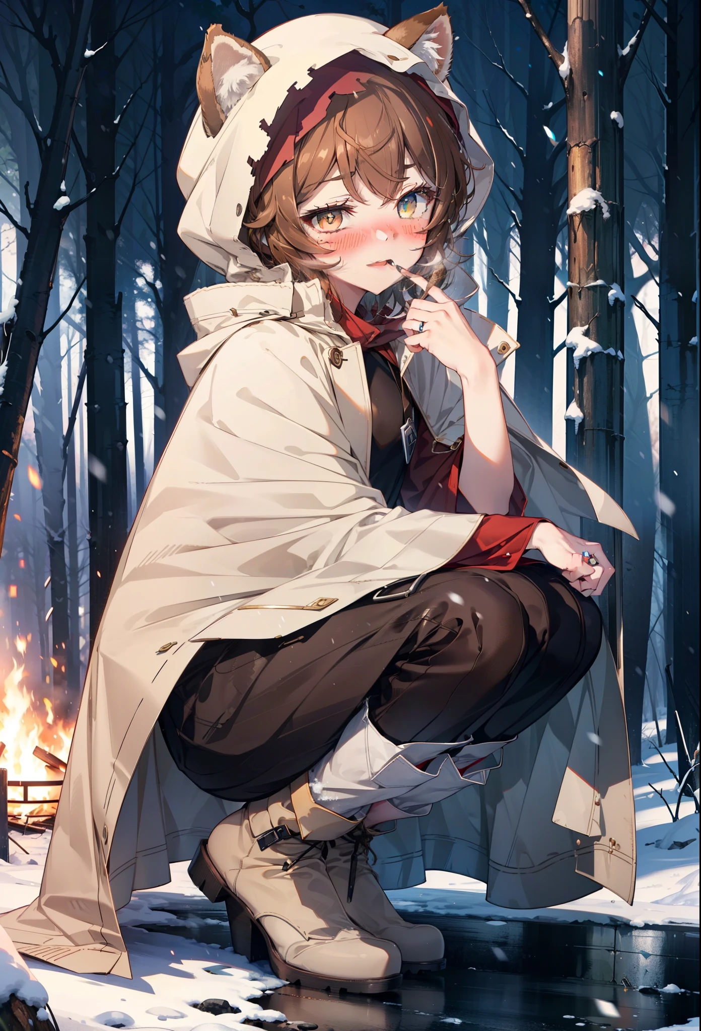 Liliru Card, Liliruca gets burned, Animal ears, (Brown eyes:1.7), Brown Hair, (Flat Chest:1.2), short hair,smile,blush,White Breath,
Open your mouth,snow,Ground bonfire, Outdoor, boots, snowing, From the side, wood, suitcase, Cape, Blurred, having meal, forest, White handbag, nature,  Squat, Mouth closed, Cape, winter, Written boundary depth, Black shoes, red Cape break looking at viewer, Upper Body, whole body, break Outdoor, forest, nature, break (masterpiece:1.2), highest quality, High resolution, unity 8k wallpaper, (shape:0.8), (Beautiful and beautiful eyes:1.6), Highly detailed face, Perfect lighting, Extremely detailed CG, (Perfect hands, Perfect Anatomy),