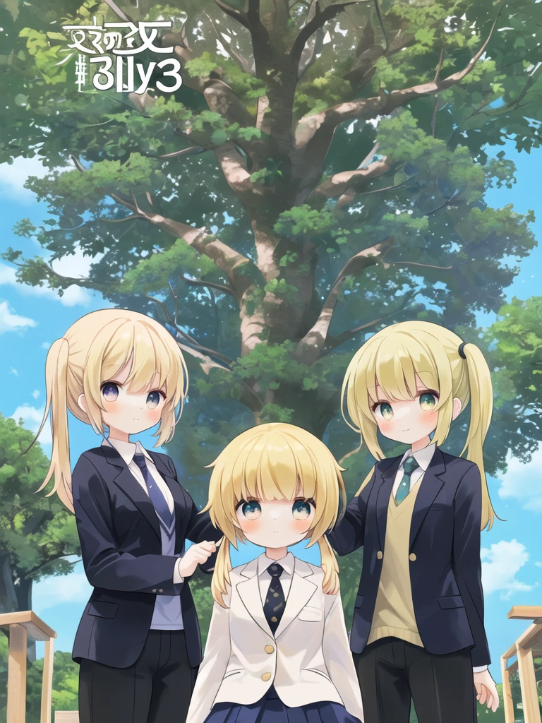 、girl、Blonde、Pigtails、Pompadour、Tree Eyes、blazer、tie、skirt