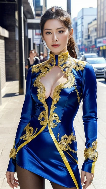 (masterpiece:1.2, highest quality、Ultra-high resolution), Realistic, (live-action, Intricate details, Written boundary depth,High-neck clothes), Lips parted, Very detailed, Perfect Face, Perfect body, Mature Woman, expensive, Long legs, (((A randomly colored costume with a large open chest,ランダム色の露出度のexpensive衣装))),Random Hairstyles、skirt、silk pantyhose、High heels、Portrait、Cityscape, She is standing on a street lined with skyscrapers、Dramatic lighting