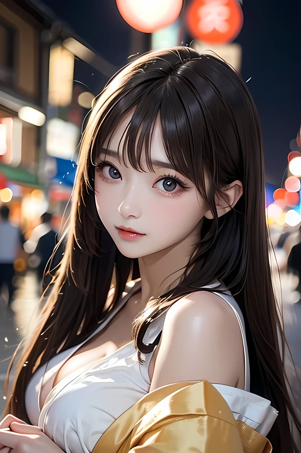 masterpiece、highest quality、High resolution、Ultra-detailed、One woman、20-year-old、Full Body Shot、Detailed face、(Detailed eyes)、(Droopy eyes:1.6)、pretty girl、Long Hair、Twin tails、Medium breast、valley、Shiny skin、(Too much exposed skin)、Beautiful fingers、Beautiful Hands、Brown Hair、(Hair tucked behind ear)、Sexy Kimono、Quaint Kyoto city at night