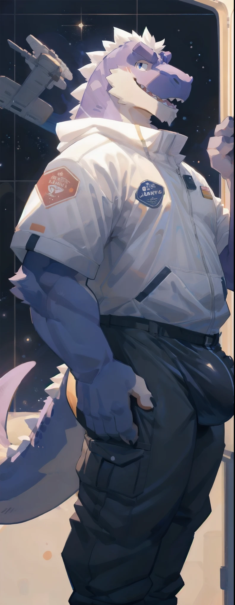 Solo, male, legs spread open, pulling pants down, by bigcozyorca, by goonie-san, by bebebebebe, by spikedmauler, facing viewer, black, purple colored tyrannosaurus, bushy tail, buff, spacesuit, pulling pants down, showing off bulge, showing off, space hanger background, open mouth, detailed mouth, tongue hanging out, drooling, smirking, eductive smile, lustful grin, bulge, bulging, hard bulge, adjusting hard bulge, adjusting bulge, adjusting crotch, masterbating, jacking off, touching dick, big erect cock, dad bod, daddy, older, 💕 ,pulling cock out of pants