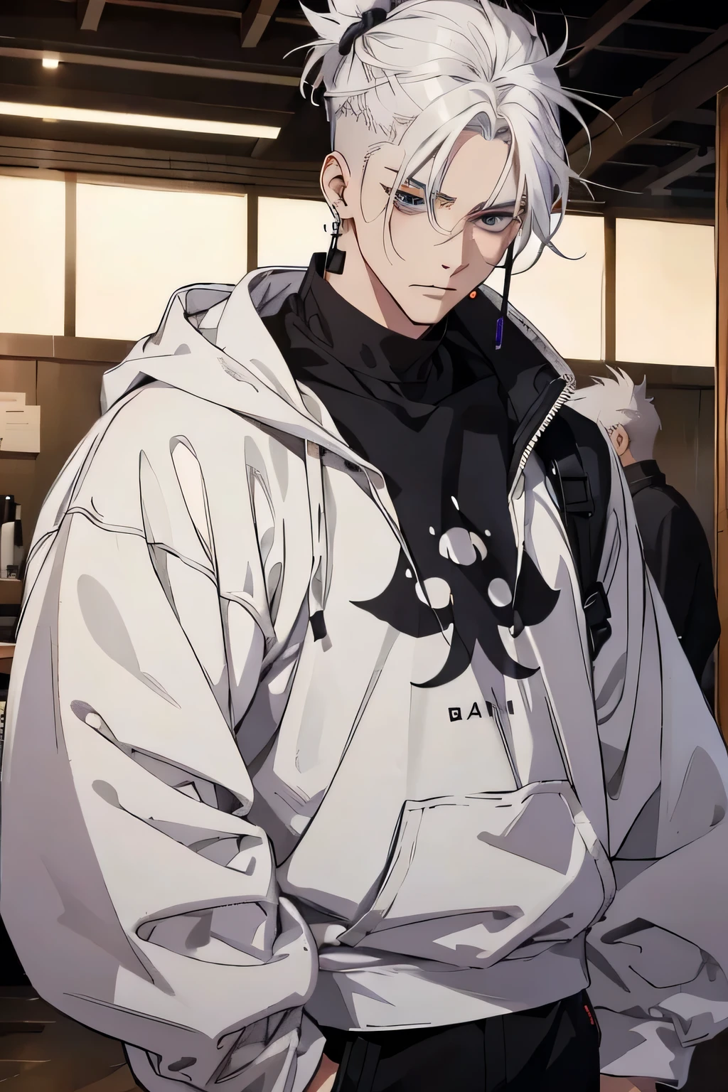 Anime man gradient young white hair low on shaved sides turns hair to the left side in the middle serious face with black earrings sweatshirt dark circles big black hair big brown hair extremely
