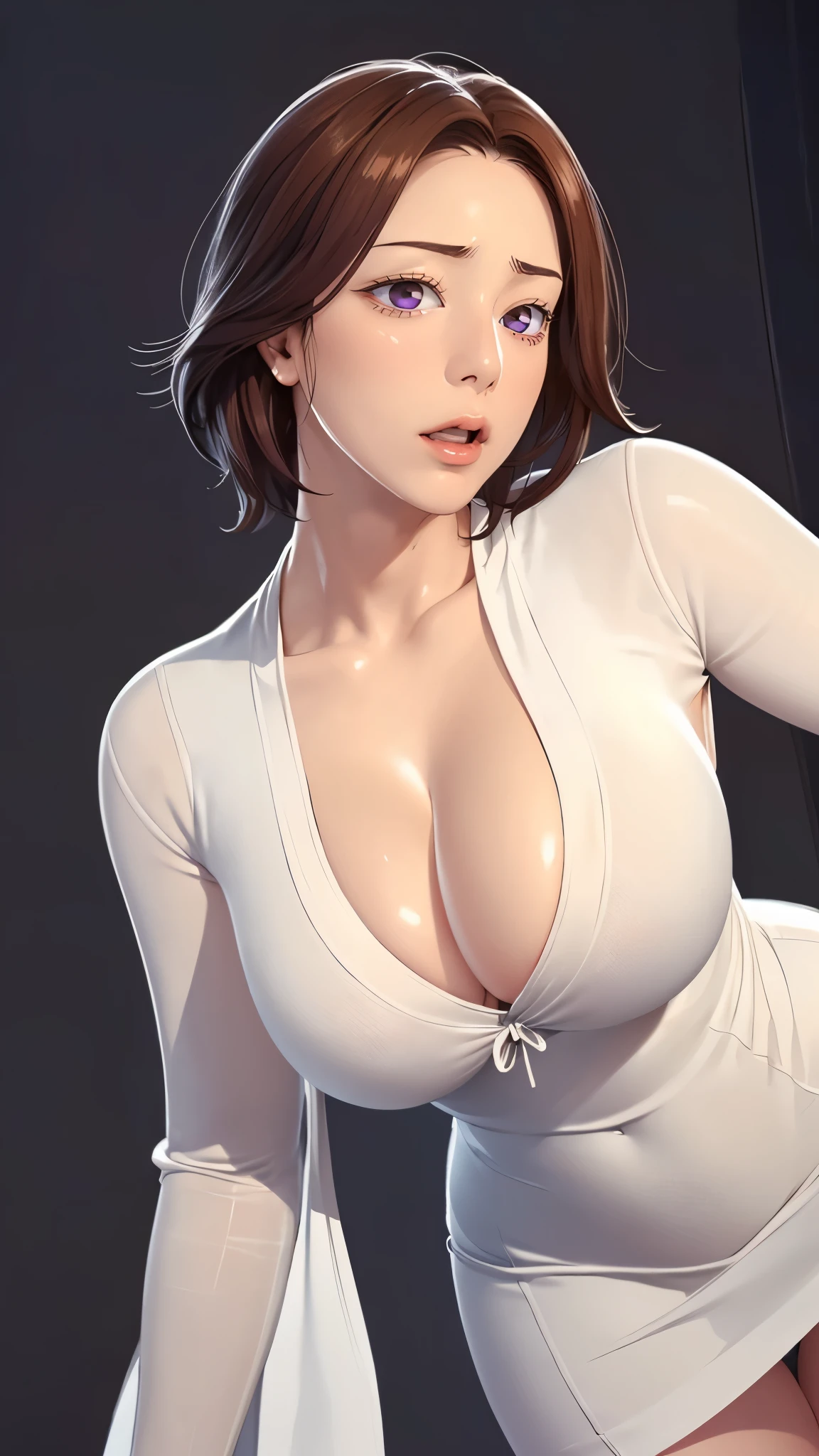 （（（完美figure，figure，solo， White and tender skin，（（（Cyberpunk，Black dress，White cardigan sweater, ））），（（（junescdef,brown hair,purple eyes,medium hair，））），((masterpiece)),high resolution, ((Best quality at best))，masterpiece，quality，Best quality，（（（ Exquisite facial features，Looking at the audience,There is light in the eyes，(（（lol，Happy，））），））），（（（Light and shadow，Huge breasts））），（（（Looking at the camera，black background，Lying on the ground，Look down at the camera，From below，Looking up)）））