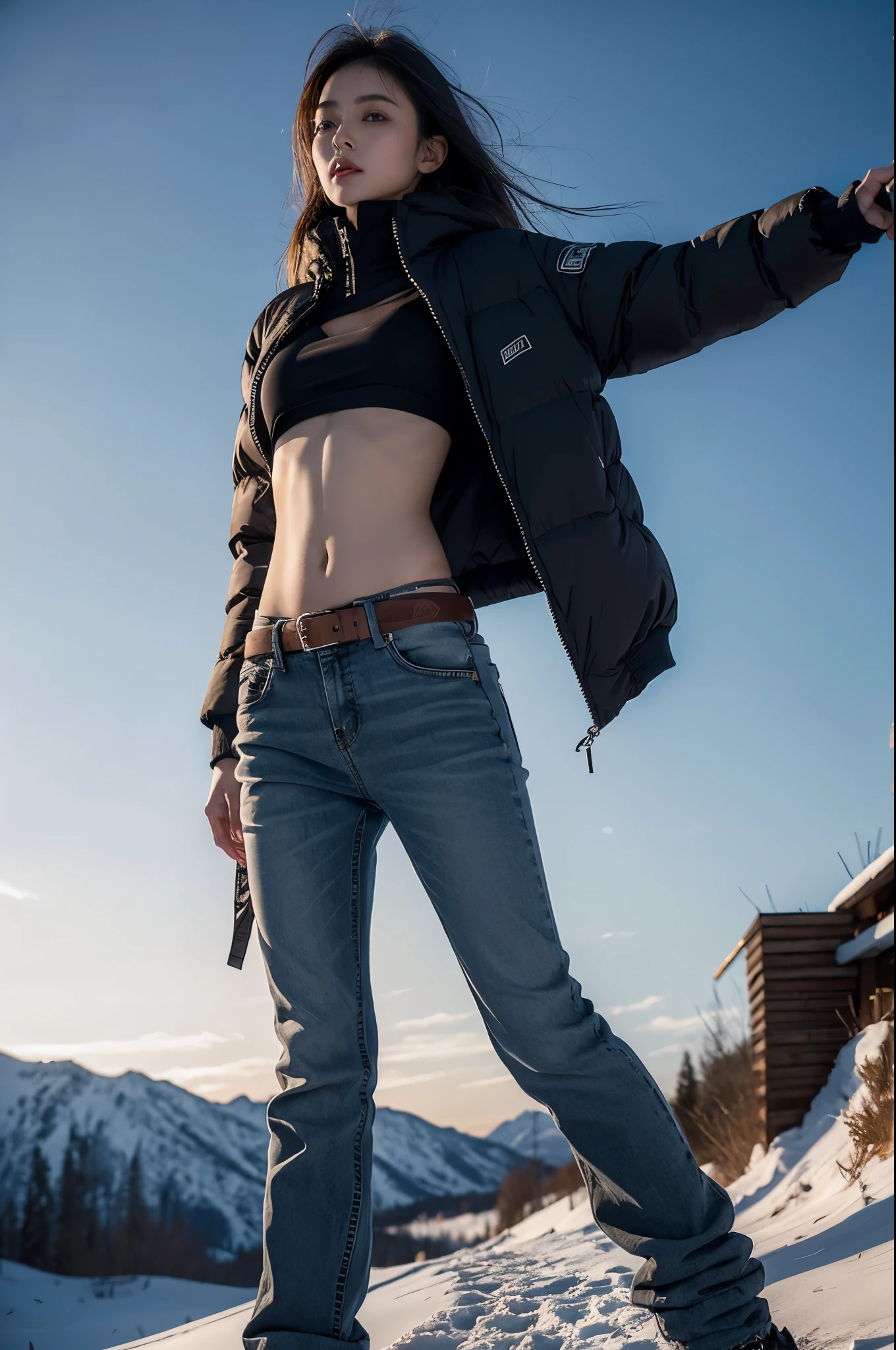 A girl,winter,Navel down jacket,Low-rise pants,Metal belt,cowboy shot,Large scale navel exposure,The abdomen is completely bare,