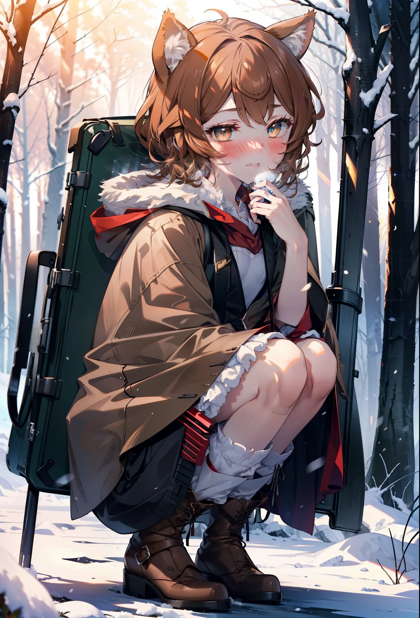 Liliru Card, Liliruca gets burned, Animal ears, (Brown eyes:1.7), Brown Hair, (Flat Chest:1.2), short hair,smile,blush,White Breath,
Open your mouth,snow,Ground bonfire, Outdoor, boots, snowing, From the side, wood, suitcase, Cape, Blurred, having meal, forest, White handbag, nature,  Squat, Mouth closed, Cape, winter, Written boundary depth, Black shoes, red Cape break looking at viewer, Upper Body, whole body, break Outdoor, forest, nature, break (masterpiece:1.2), highest quality, High resolution, unity 8k wallpaper, (shape:0.8), (Beautiful and beautiful eyes:1.6), Highly detailed face, Perfect lighting, Extremely detailed CG, (Perfect hands, Perfect Anatomy),