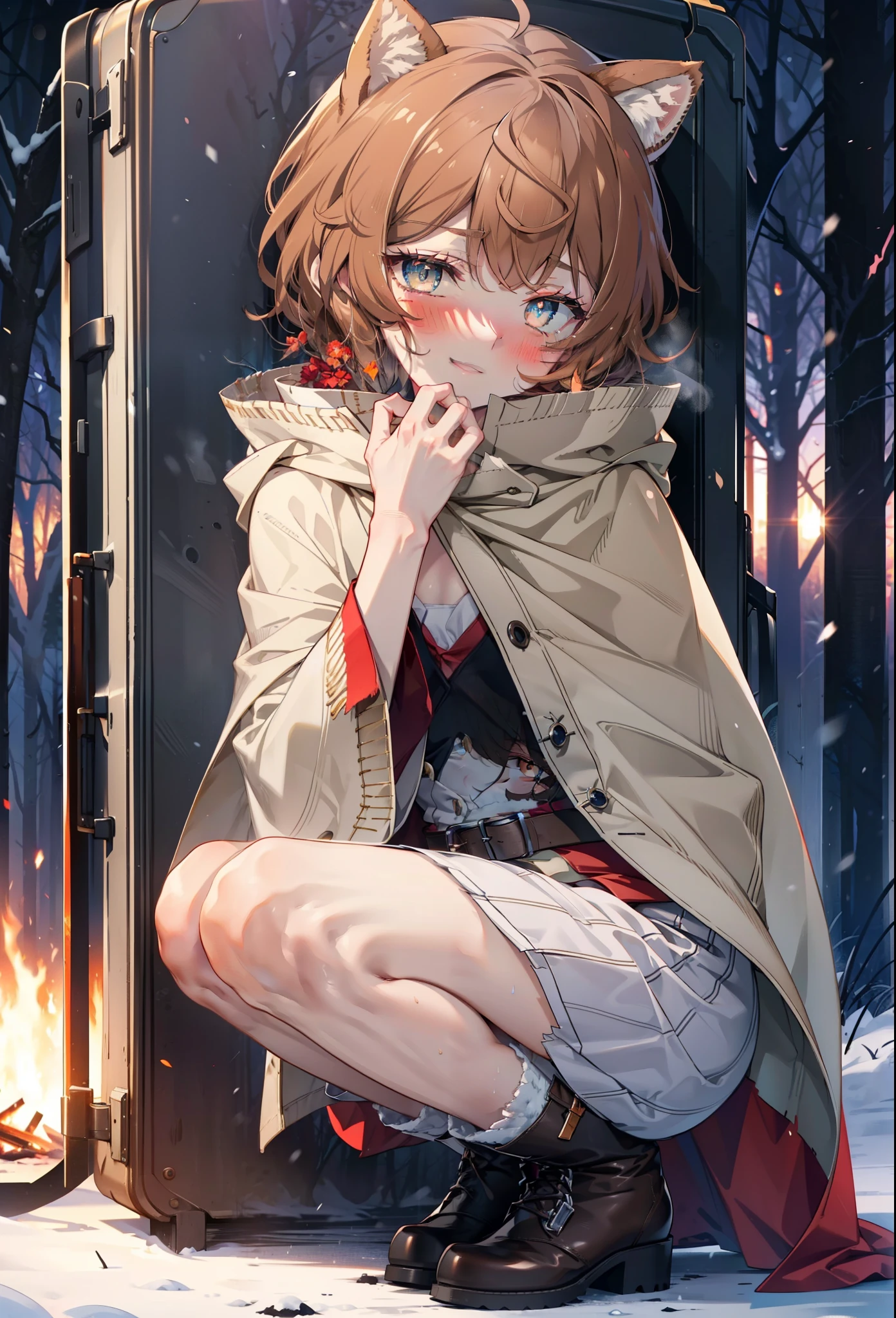 Liliru Card, Liliruca gets burned, Animal ears, (Brown eyes:1.7), Brown Hair, (Flat Chest:1.2), short hair,smile,blush,White Breath,
Open your mouth,snow,Ground bonfire, Outdoor, boots, snowing, From the side, wood, suitcase, Cape, Blurred, having meal, forest, White handbag, nature,  Squat, Mouth closed, Cape, winter, Written boundary depth, Black shoes, red Cape break looking at viewer, Upper Body, whole body, break Outdoor, forest, nature, break (masterpiece:1.2), highest quality, High resolution, unity 8k wallpaper, (shape:0.8), (Beautiful and beautiful eyes:1.6), Highly detailed face, Perfect lighting, Extremely detailed CG, (Perfect hands, Perfect Anatomy),