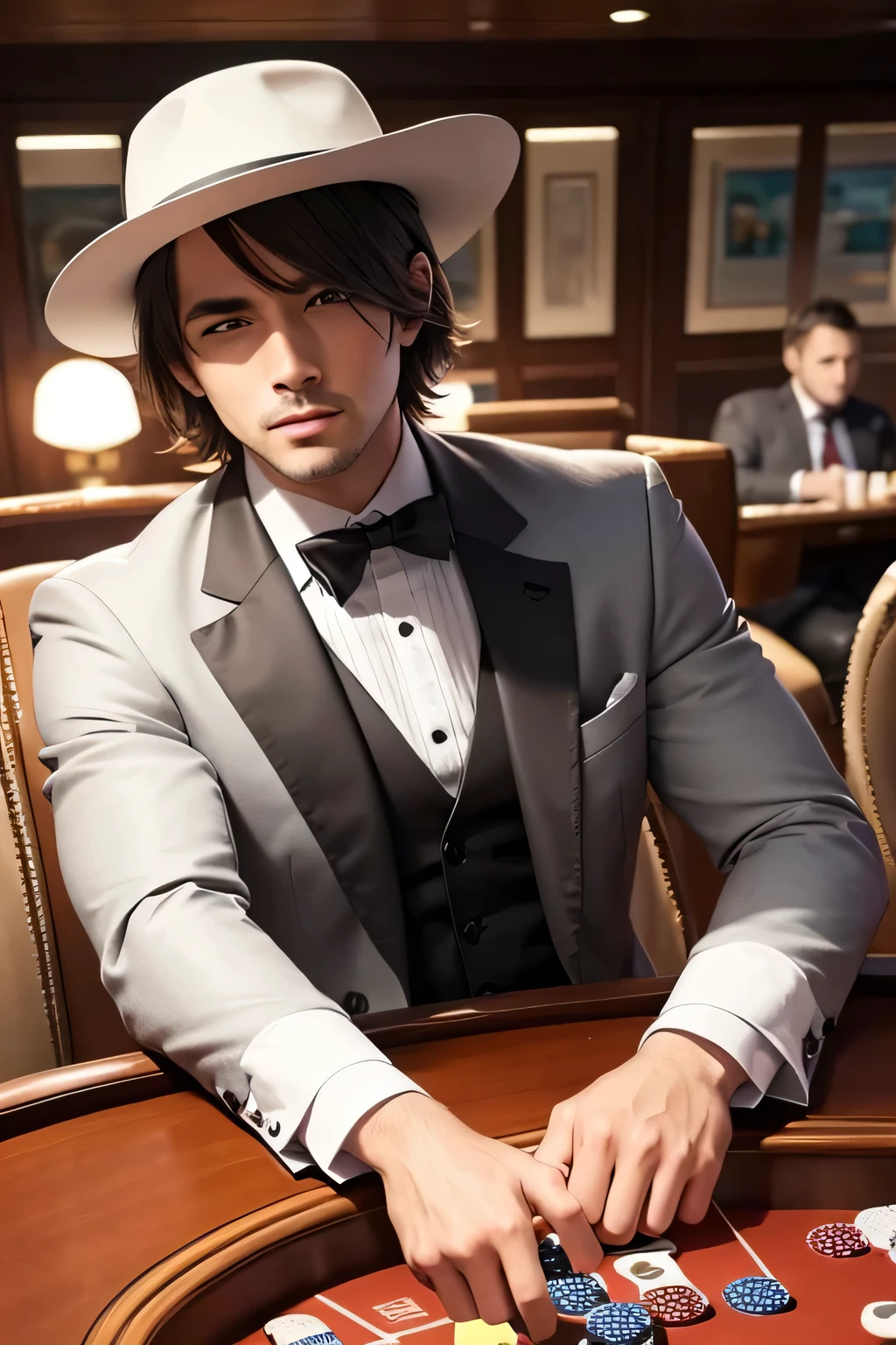 dogs wearing stylish suits playing poker on a yatch with guns and drugs on the table