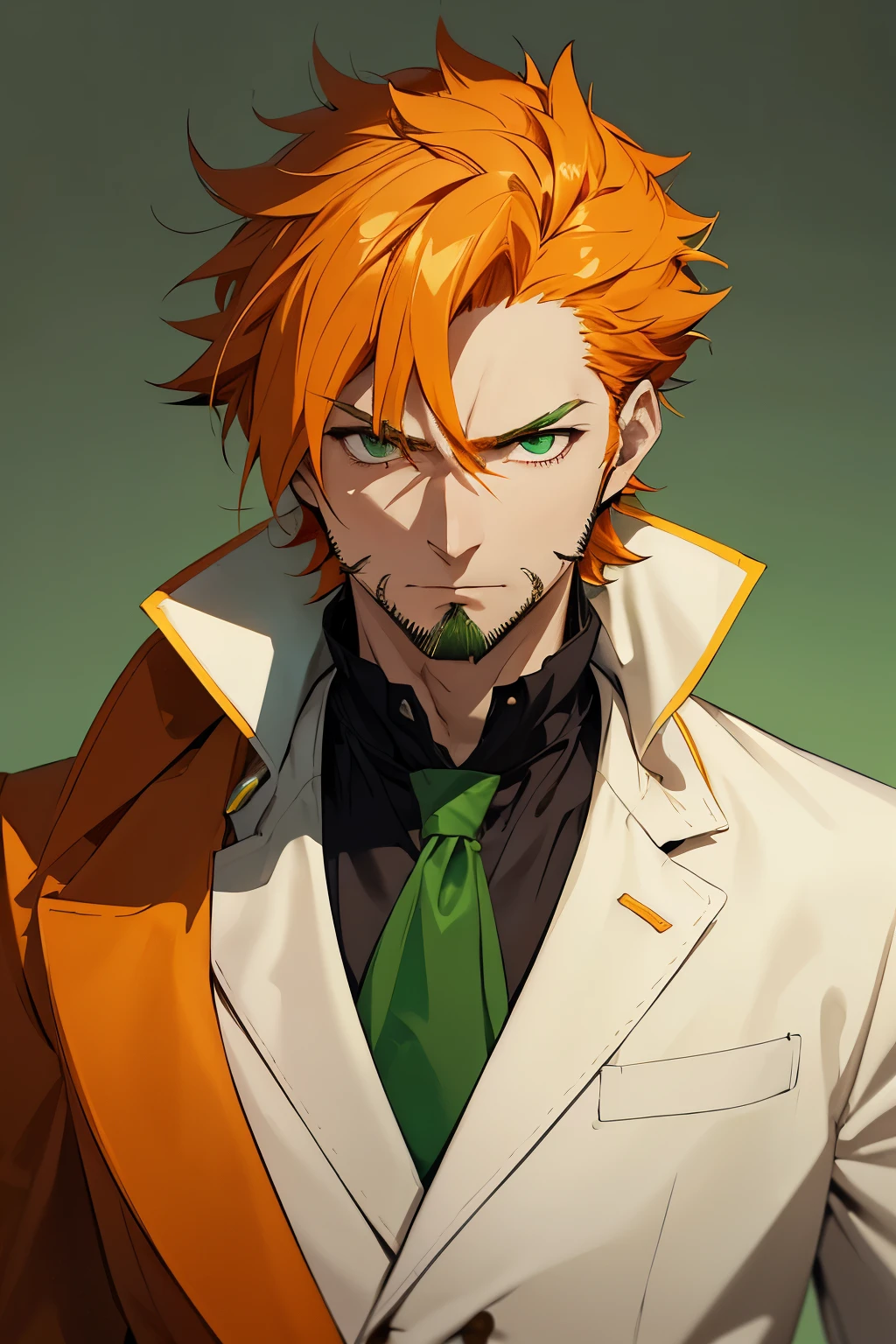 A male character with spiky, medium-length orange hair, green eyes, orange goatee with sideburns, wearing a green coat with yellow accents over a white shirt and an orange scarf or cravat, in a serious and contemplative pose, drawn in an anime style with a minimalistic white background and green specks, middle aged man.