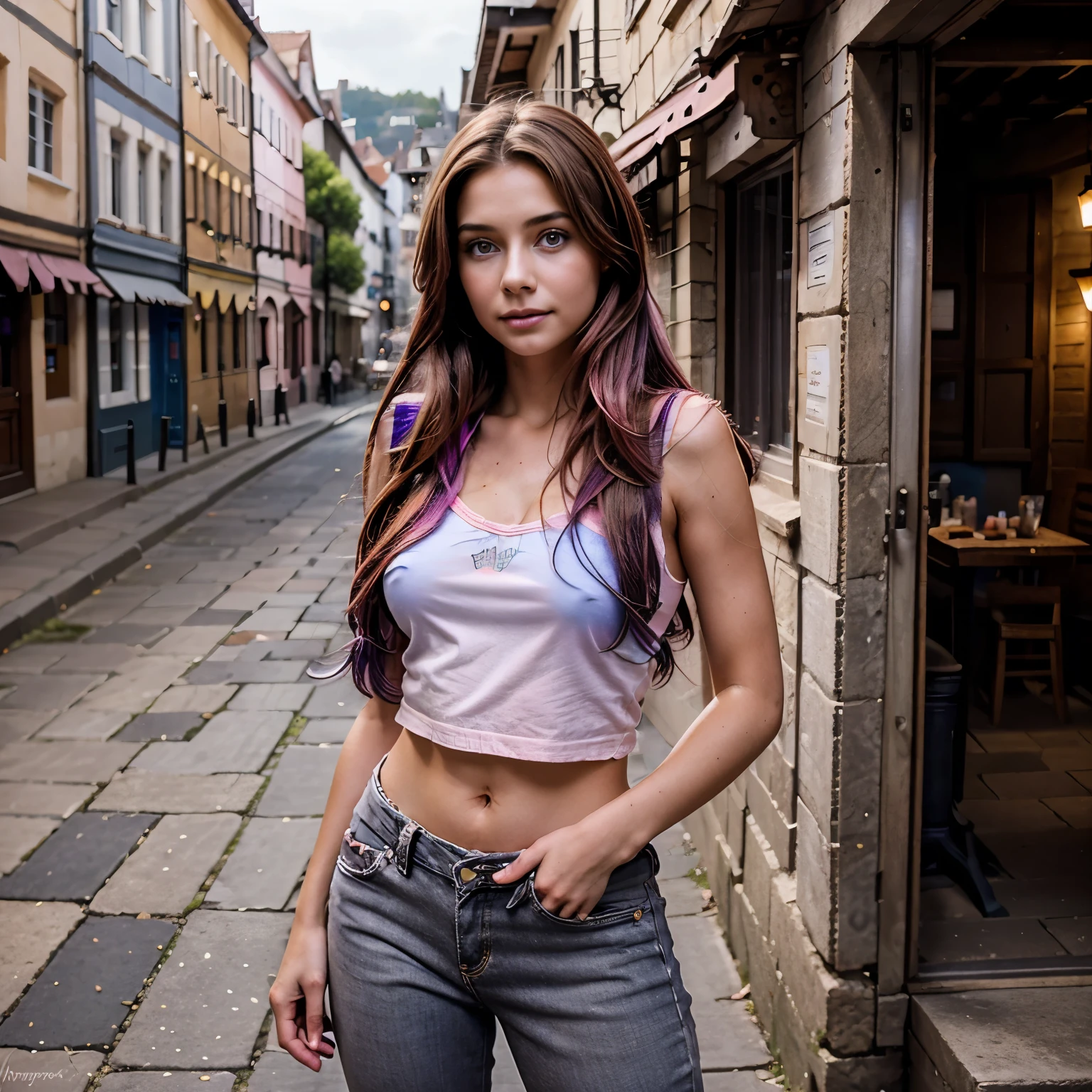 gritty raw photo of {beautiful young busty woman, 20 years old, long brown hair with colorful (violet, pink and blue) streaks, bright gray eyes}, [[standing on a cobblestone street in a European town, wearing a white off-shoulder top, light blue high-waisted jeans, and white sneakers, posing with one hand on her hip and a slight smile]], [[background shows charming old buildings with flower boxes under the windows, street lamps, and a vintage bicycle leaning against a wall]], fully covered, hyperrealism, 8K UHD, realistic skin texture, flawed skin, shot with Canon EOS 5D Mark IV, highly detailed, masterpiece
