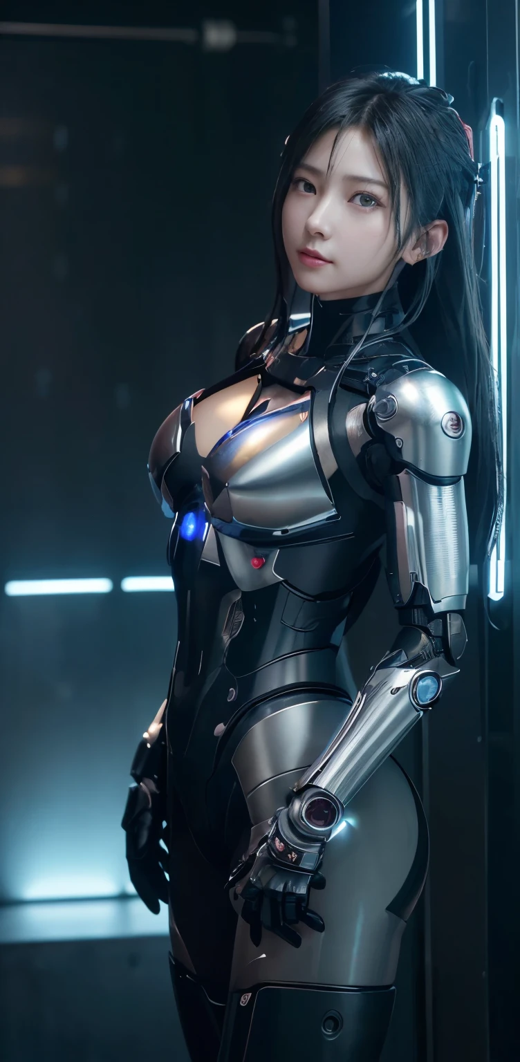 masterpiece、((Black metallic tar scale ))、 ((Plug Suit)), ((beautiful girl:1.2))、I have an armed, mechanized body,、No armoured mechanised armour chest and abdomen、Mechanized back of the head、Body-fitting mecha leg rack metallic suit、 Are standing、Tied up、金属robot、((Cyberpunk Background))、(Neon Light)、(Futuristic Machine Factory Background)、Cyberdyne、Artificial body、All-metal body、Ironwork、Abdominal Mechanism、((robotアームとハンド))、((robotの脚))、((Machine Neck))、Inside the spaceship、beautiful girl、、Asian Beauty, (Actuators and cables exposed from the abdomen.、金属robotの首から胴体まで接続、Complex 3d rendering beautiful porcelain profile super become closed female android face、cyborg、robot部品、150mm、Beautiful studio soft light、Rim Light、Sharp details、Gorgeous Cyberpunk、Ren Hao、超Realistic、Anatomical、Facial muscles、Cable Wire Microchip、elegant、Beautiful background、Octane Rendering、HR Giger Style、8k、highest quality、masterpiece、Consciousness upward、Very delicate and beautiful、 非常にbecome closeなCG、Unity、wall-、(Realistic、Realistic:1.37)、wonderful、become close、masterpiece、highest quality、Official Art、Highly become closed CG Unity 8k wallpaper、Absurd、信じられないほどAbsurd、、robot、Silver Beads、Whole Body Ezbian、 Are standing