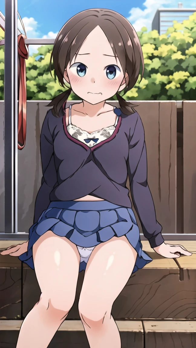 masterpiece, highest quality, 1people々 girl,View Audience,Anime Style,Cumbersome、Twin tails、ribbon、Sitting on the steps of the station、from the front、
,Office Suits、Pencil Mini Skirt、Unbutton your shirt、Lace panties、Lace bra、Nipples、whole body、pumps、blush