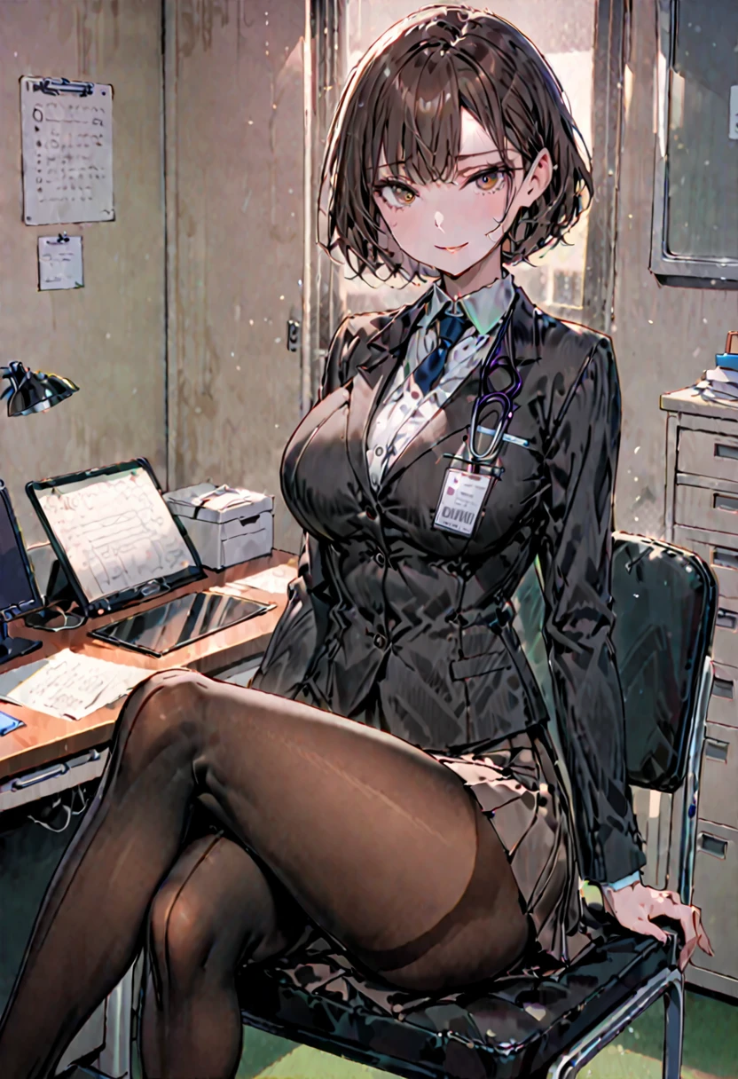 solo, female, sfw, short hair, brown hair, brown eyes, large breasts, black suit, shapely tights, displaying thighs, skirt, sitting, gentle smile, doctor's office, psycologist