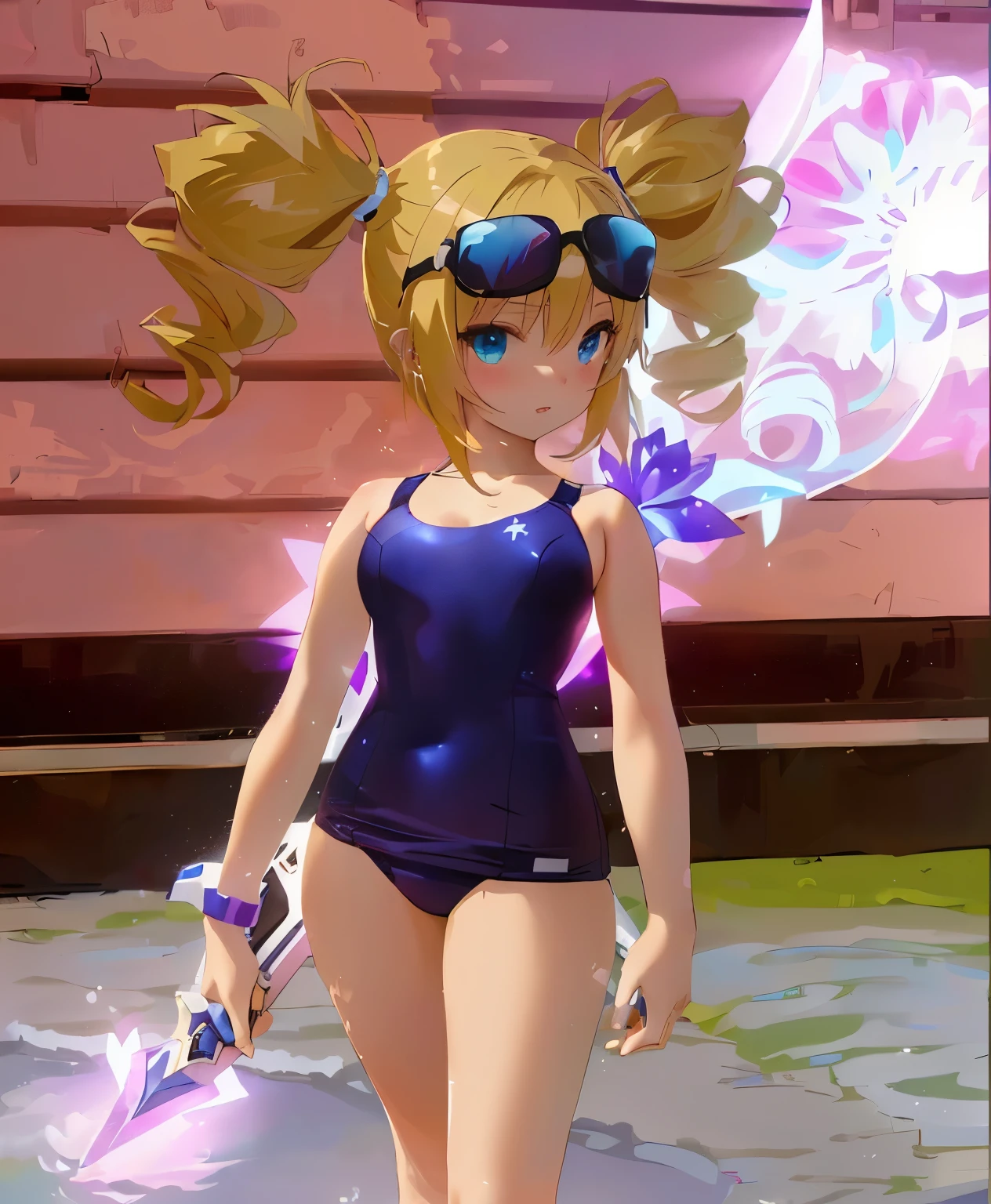 masterpiece:1.2, best quality, detailed and beautiful, a close up of a person in a swimsuit with a sword, ethereal flowerpunk, maple story gun girl, ingame image, glamorous angewoman digimon, tanny skin, pink twintail hair and cyan eyes, is wearing a swimsuit, succubus in tight short dress, swimsuit, sparky swimsuit, blond hair with pigtails, anime style”, bathing suit