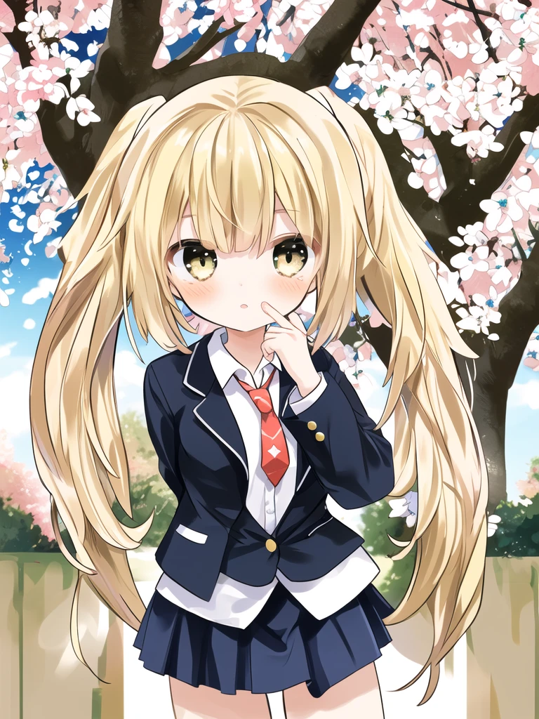 15 years old、One girl、Blonde、Pigtails、Pompadour、Tree Eyes、blazer、tie、skirt