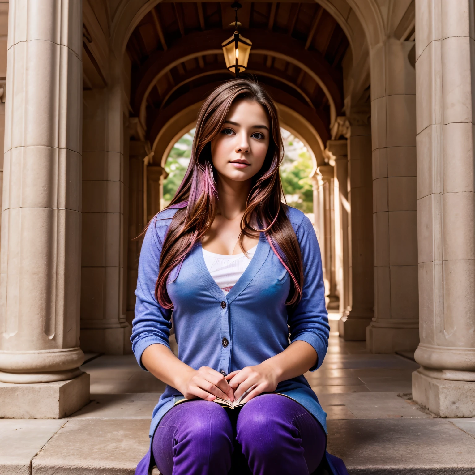 gritty raw photo of {beautiful young busty woman, 20 years old, long brown hair with colorful (violet, pink and blue) streaks, bright gray eyes}, [[sitting on the steps of an old library, wearing a navy blue cardigan, white blouse, khaki pants, and brown loafers, holding a closed book in her lap and looking thoughtful]], [[background shows the library entrance with large wooden doors, stone columns, and a sense of academic atmosphere]], fully covered, hyperrealism, 8K UHD, realistic skin texture, flawed skin, shot with Canon EOS 5D Mark IV, highly detailed, masterpiece
