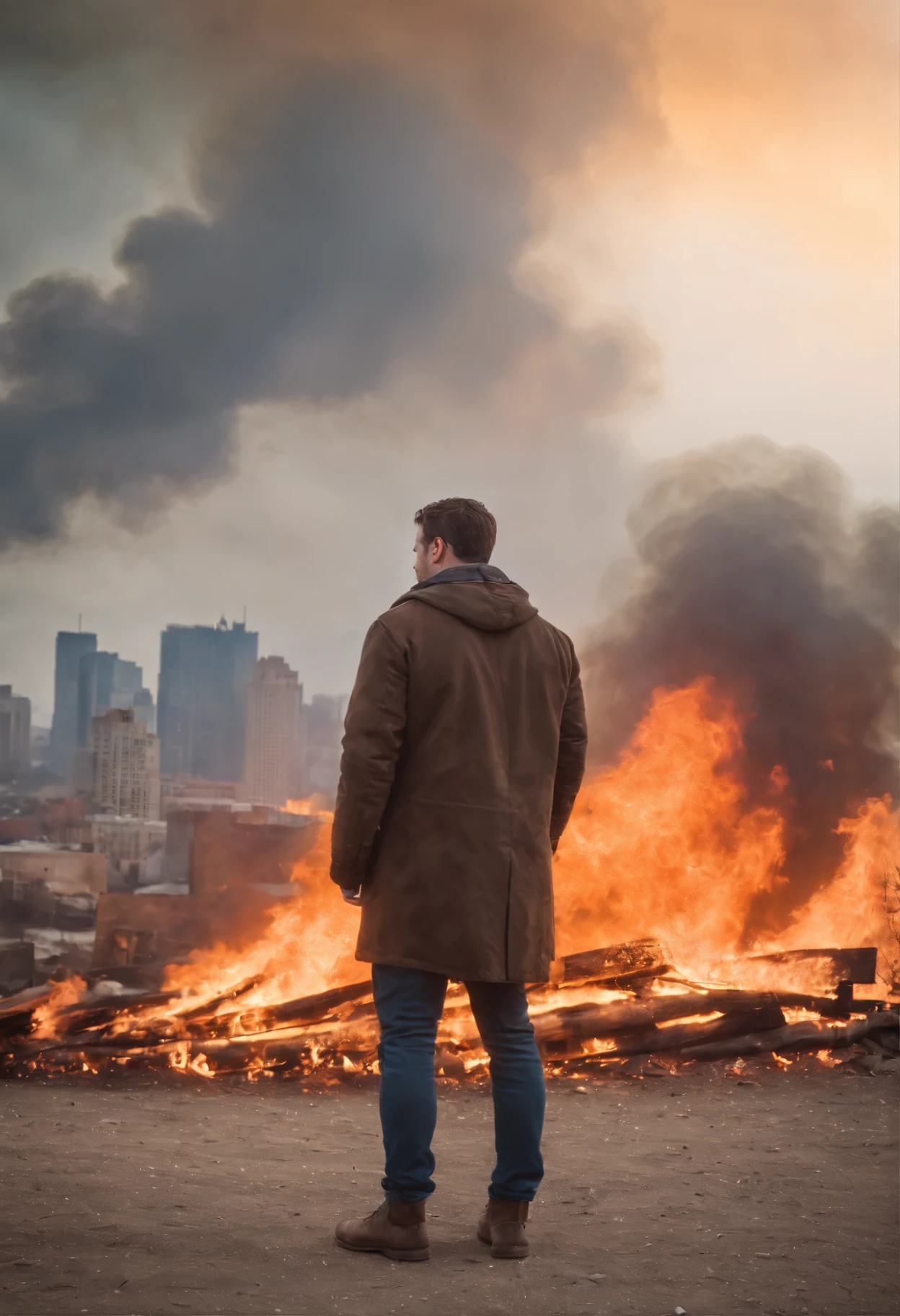 arafed image of a man standing in front of a city with a fire in the background, digital art by Ludwik Konarzewski, tumblr, digital art, the world on fire, end of world, the world is on fire, end of the world, in the apocalyptic future, world on fire, destroyed city on fire, destroyed city in the background