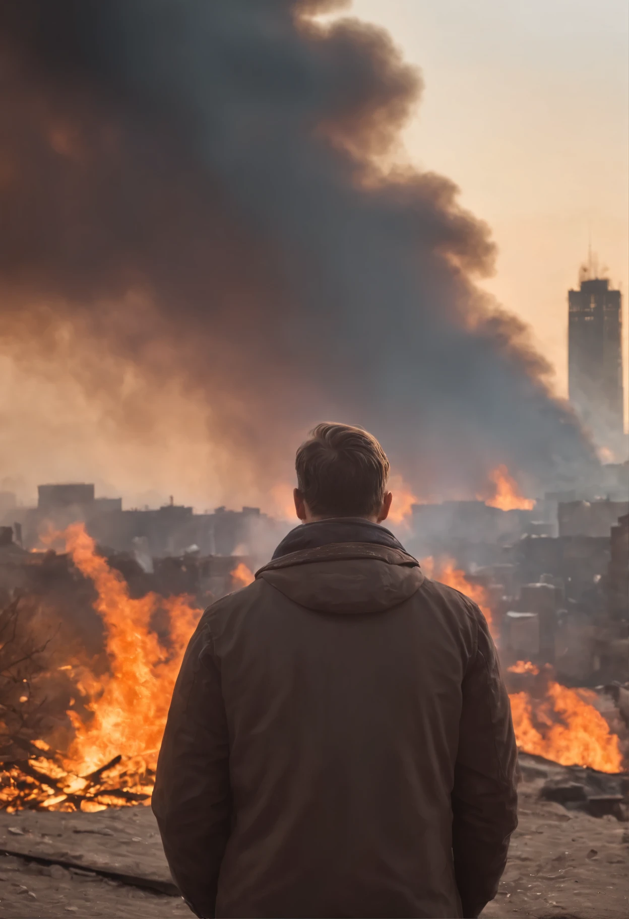 arafed image of a man standing in front of a city with a fire in the background, digital art by Ludwik Konarzewski, tumblr, digital art, the world on fire, end of world, the world is on fire, end of the world, in the apocalyptic future, world on fire, destroyed city on fire, destroyed city in the background