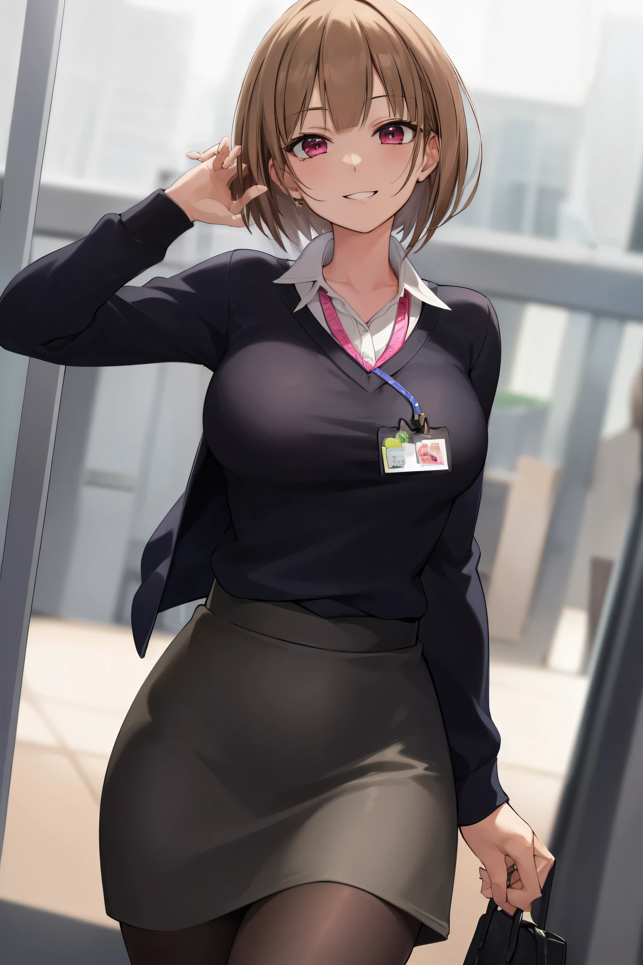 2D, masterpiece, highest quality, anime, highly detailed face, highly detailed eyes, highly detailed background, perfect lighting, whole body, 1 girl, alone, Harusaki Nodoka, collared shirt, Green sweater, black skirt, pantyhose, ID card, embarrassing, smile, Are standing, office 