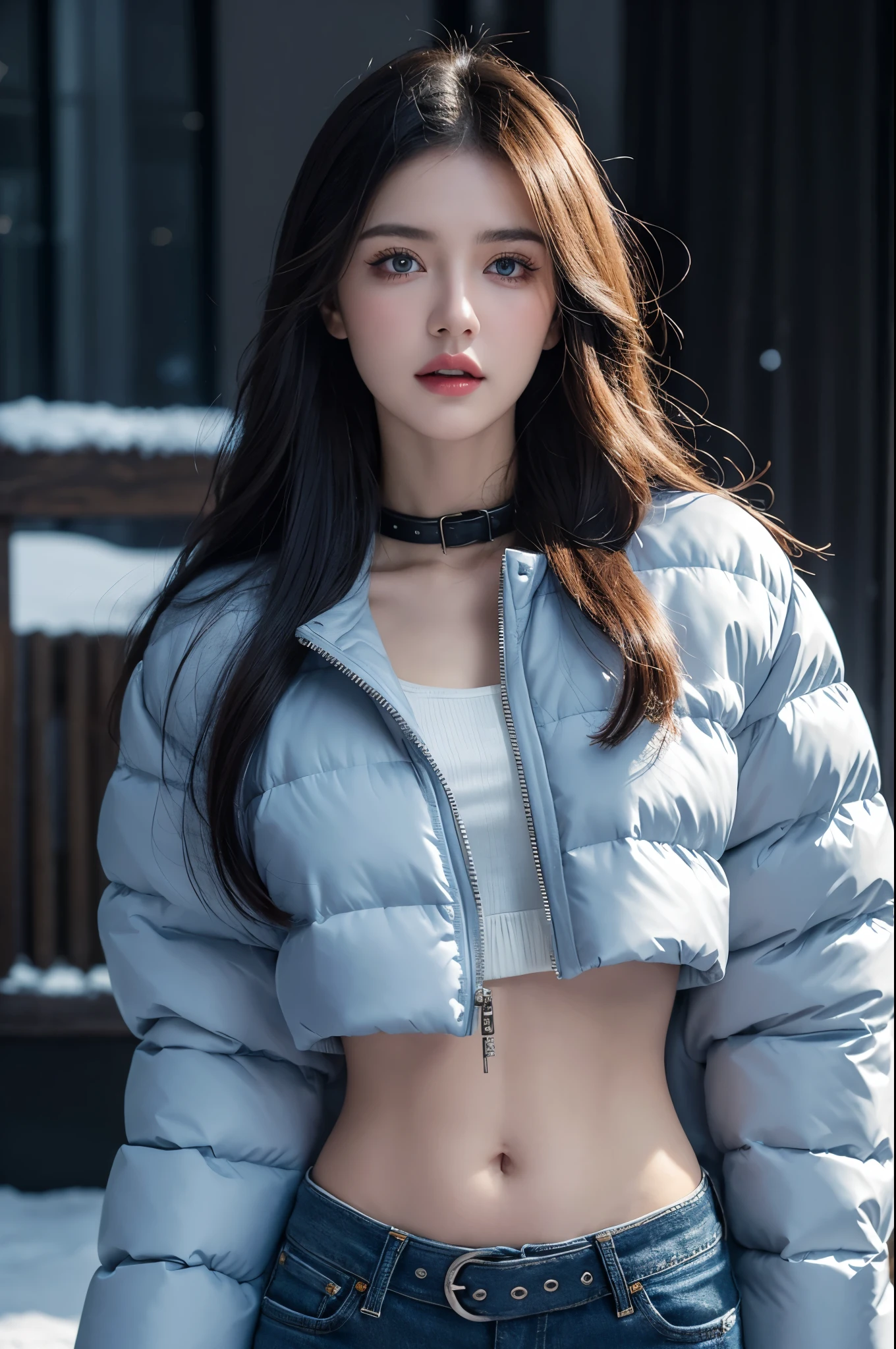 a girl in a winter scene, cropped puffer jacket, low-rise jeans, metal belt, cowboy shot, midriff fully exposed, detailed facial features, beautiful eyes, lips, and long eyelashes, photorealistic, 8k, highly detailed, studio lighting, dramatic lighting, vivid colors, cinematic composition, moody atmosphere, cold winter vibes