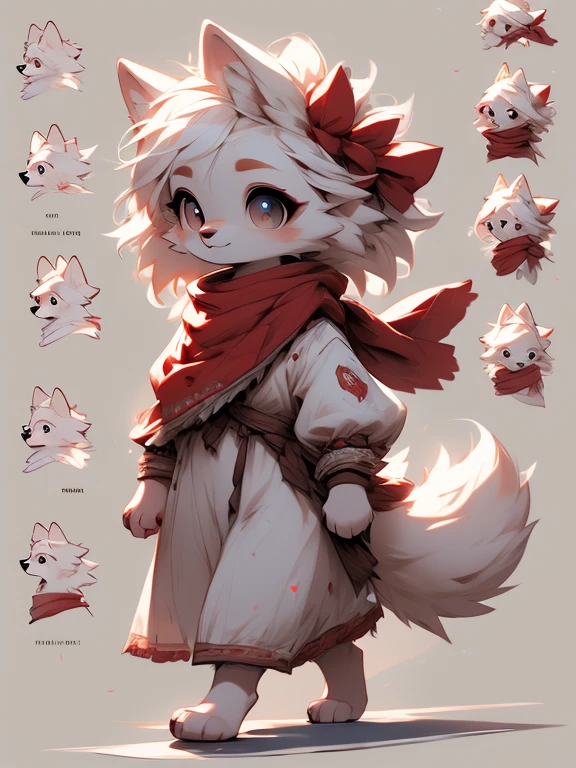 white  wolf pup,aby g ( Absurdly , High quality , ultra detailed ) ,( hand detailed ) , 1girl, solo, , (concept art, character sheet, character sketch),absurdres(highly detailed beautiful face and eyes)perfect anatomy, adorable, cute eyes, big eyes, short messy hair, long red scarf, baby puppy, wal on all paws